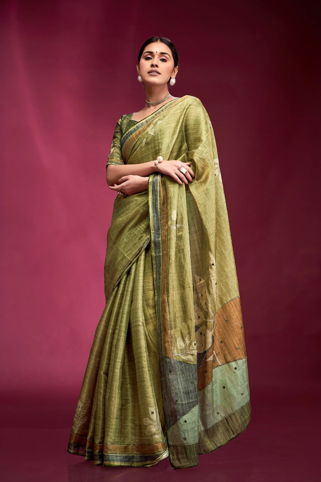 Blushing Green Tussar Silk Saree