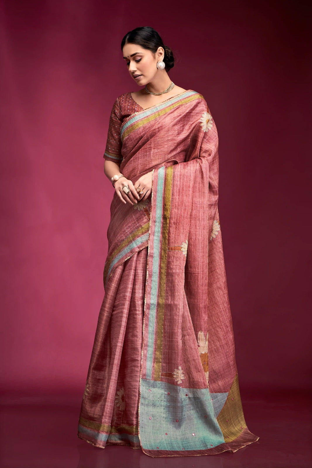 Vivid Peach Tussar Silk Saree