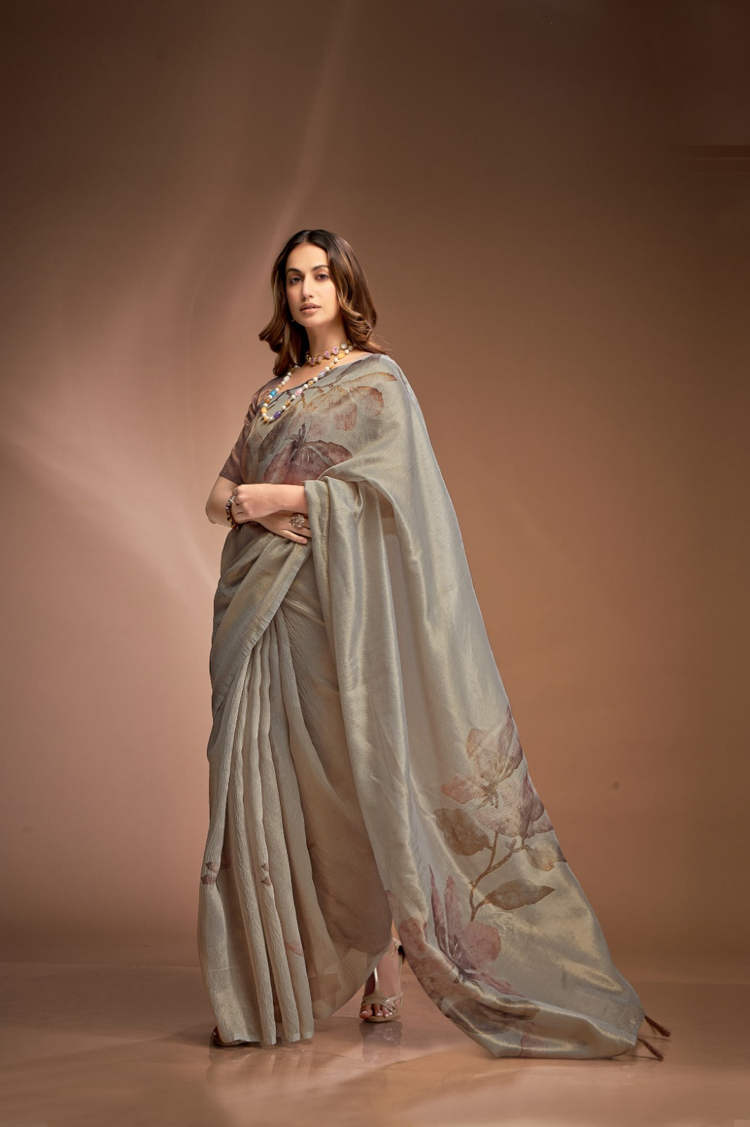 New Grey Crushed Tissue Saree