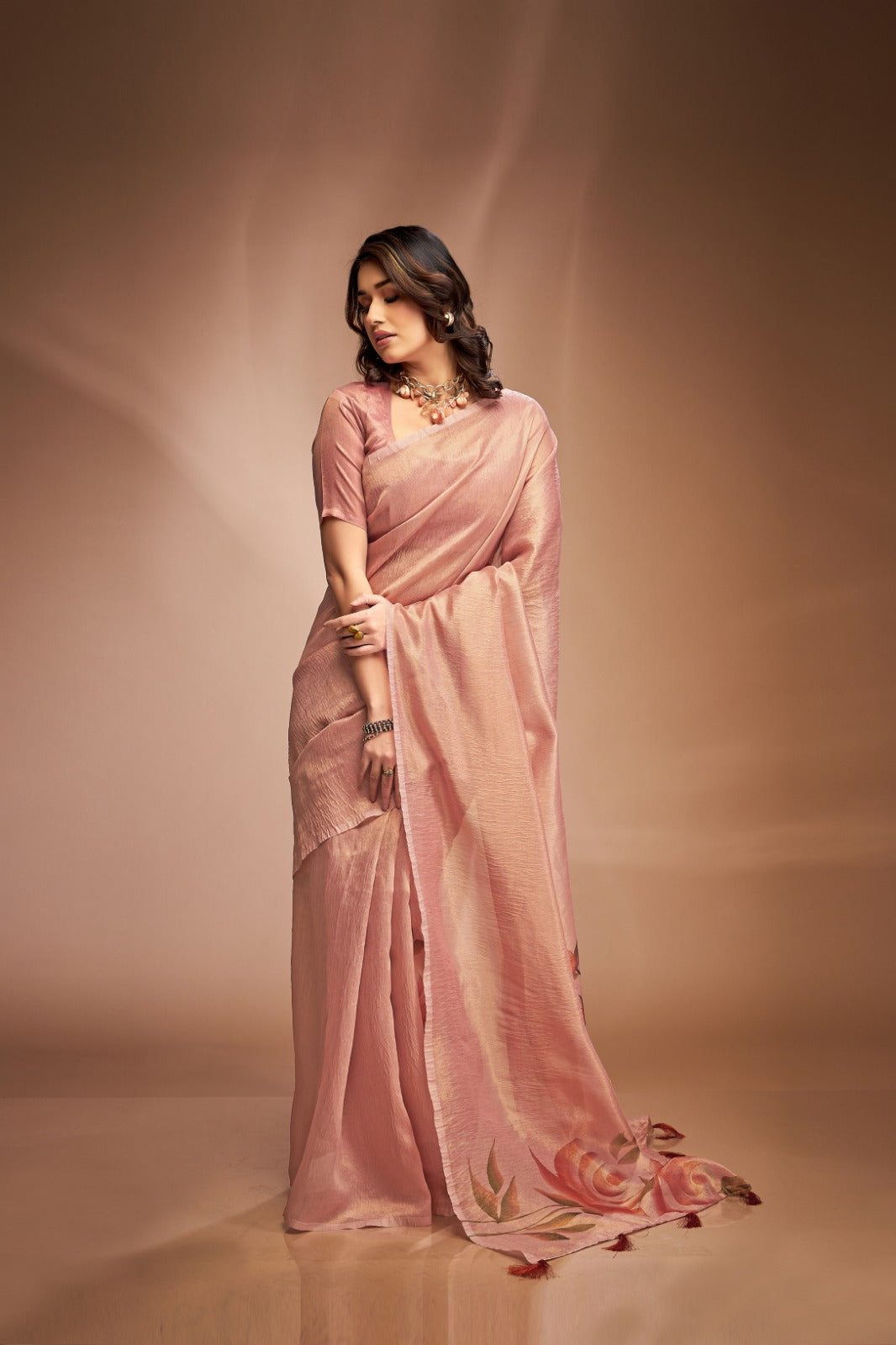 Refreshing Peach Crushed Tissue Saree