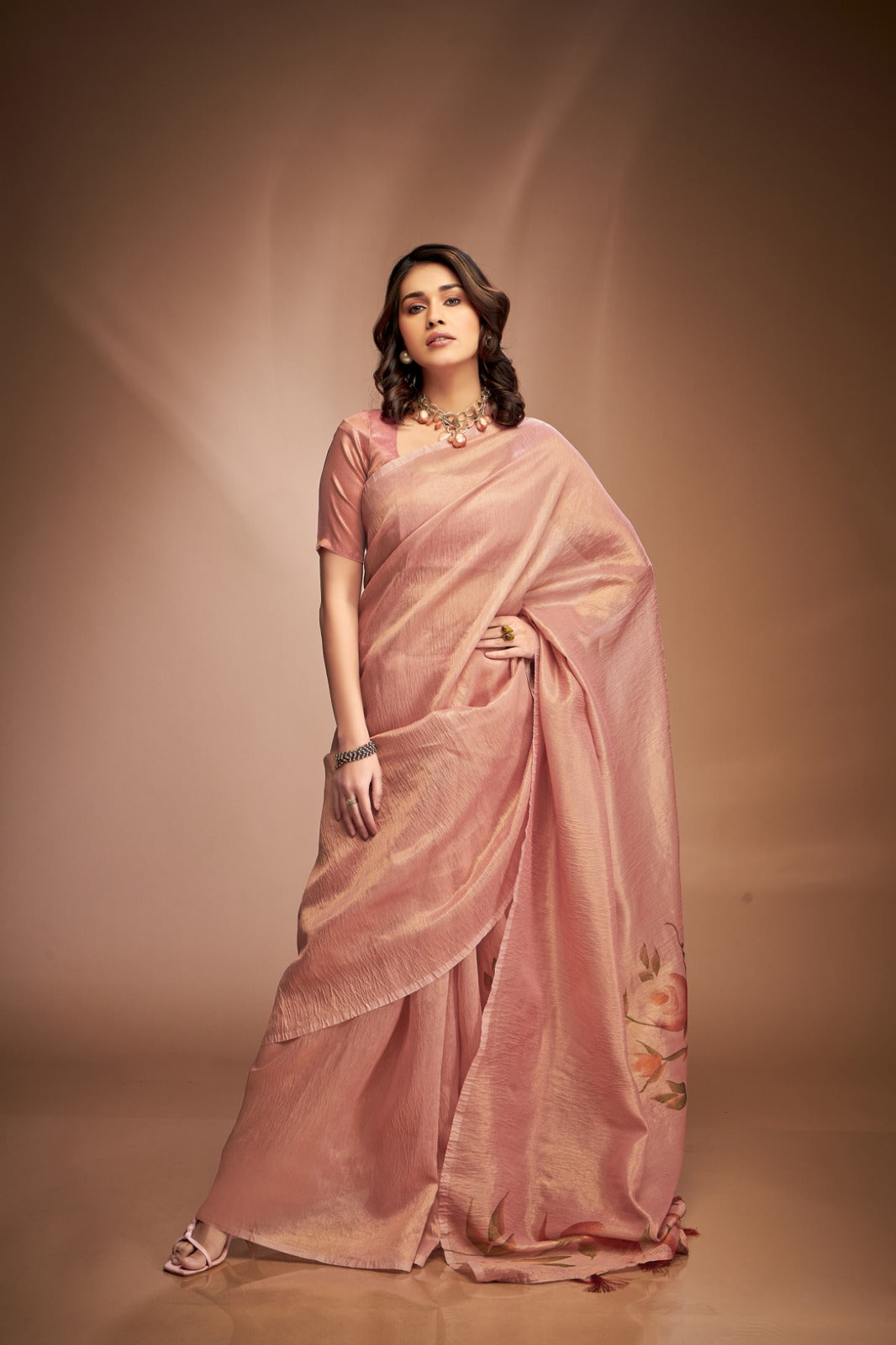 Refreshing Peach Crushed Tissue Saree