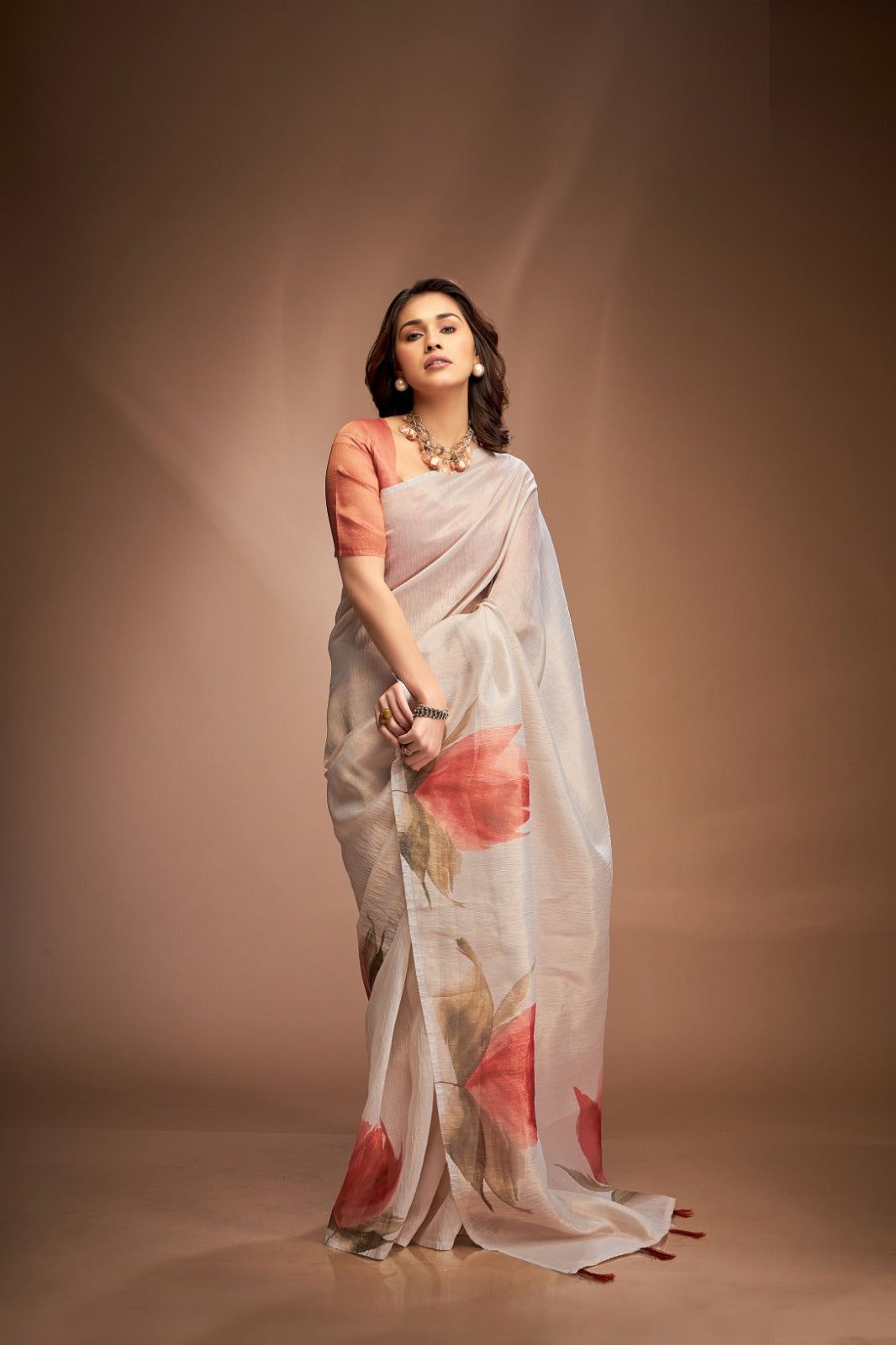 Pleasant Light Grey Crushed Tissue Saree