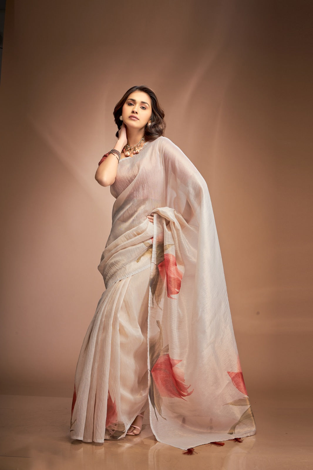 Pleasant Light Grey Crushed Tissue Saree