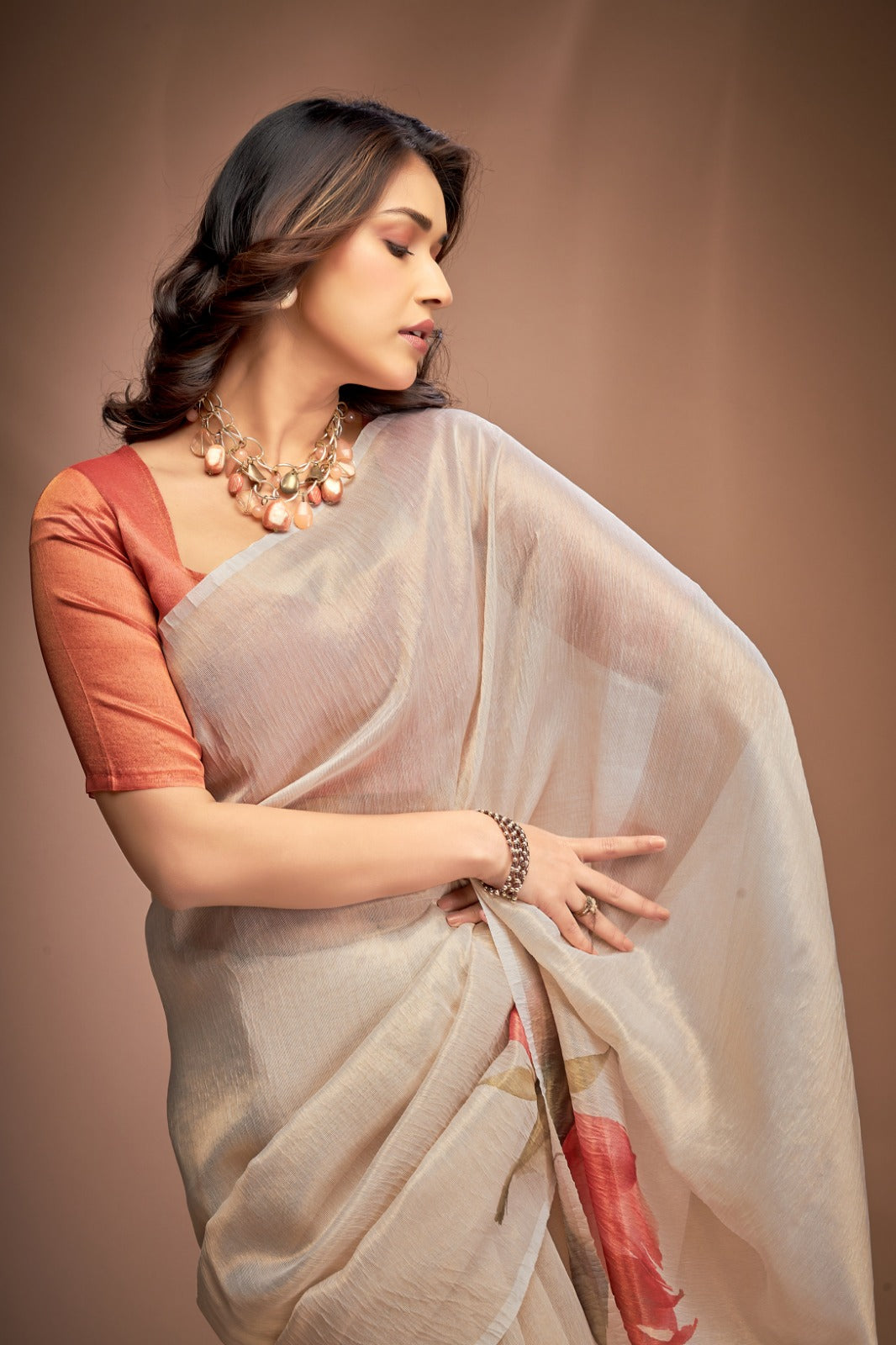 Pleasant Light Grey Crushed Tissue Saree