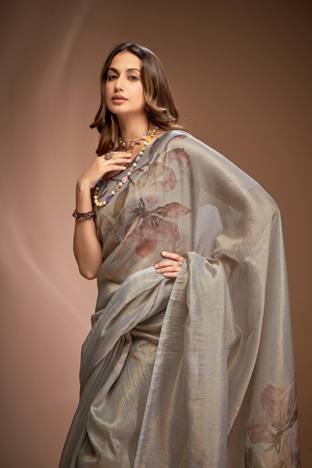 New Grey Crushed Tissue Saree