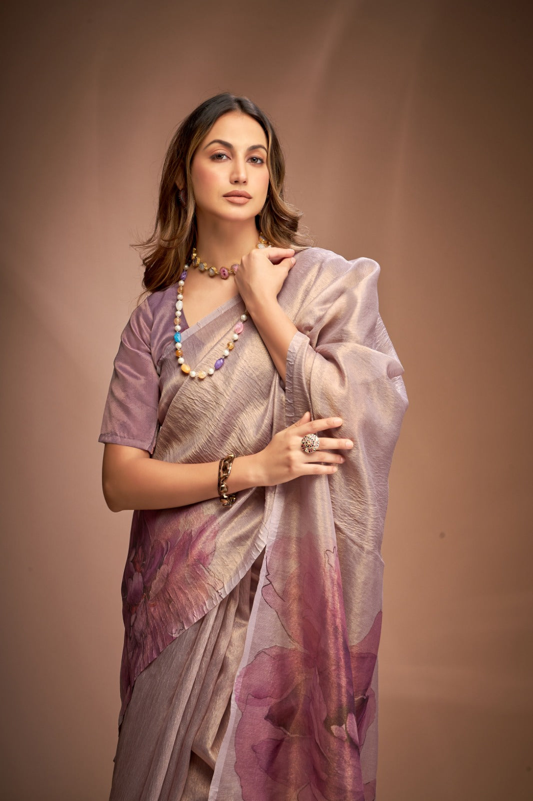 Phenomenal Wine Crushed Tissue Saree