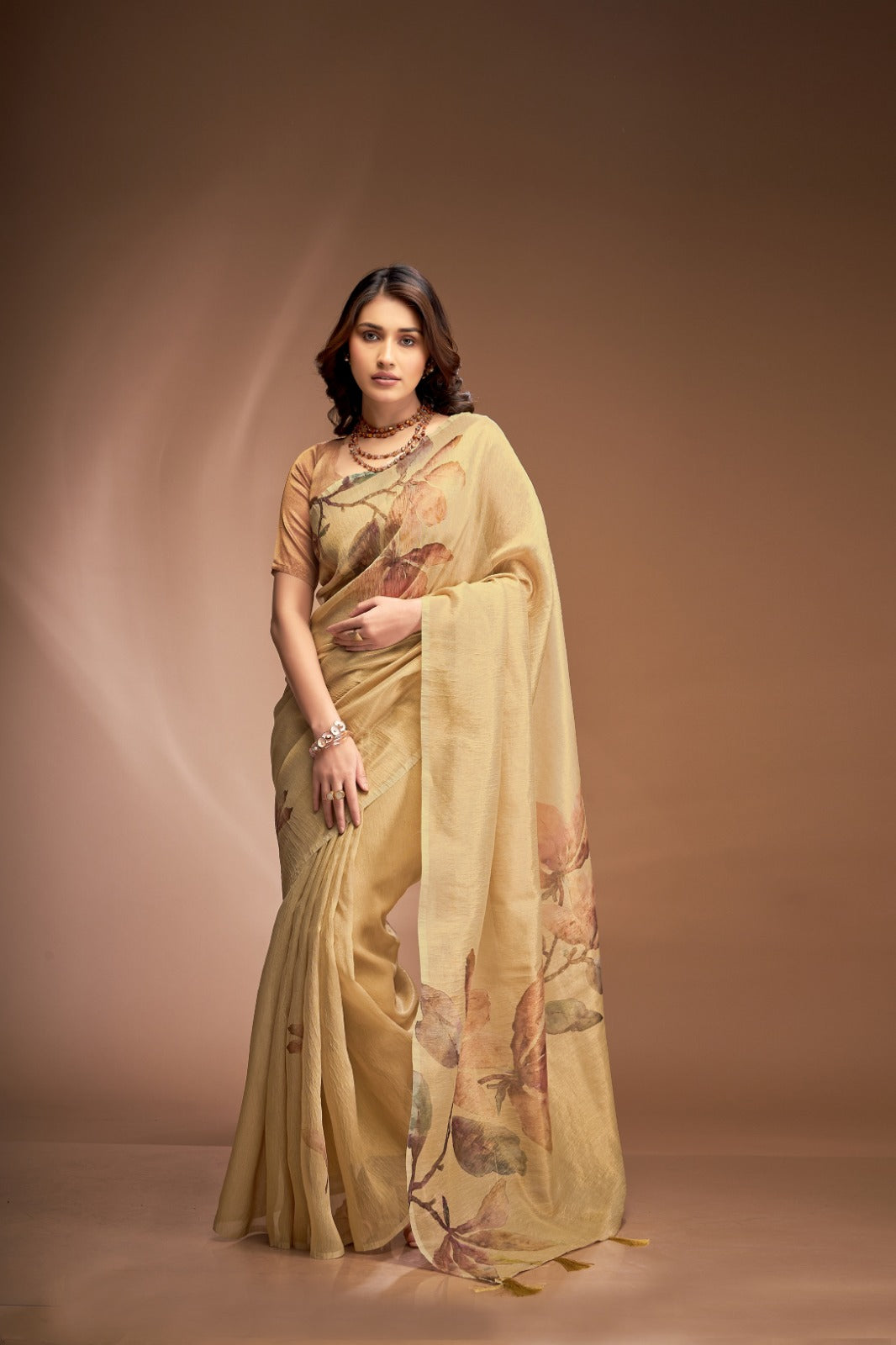 Pearly Yellow Crushed Tissue Saree