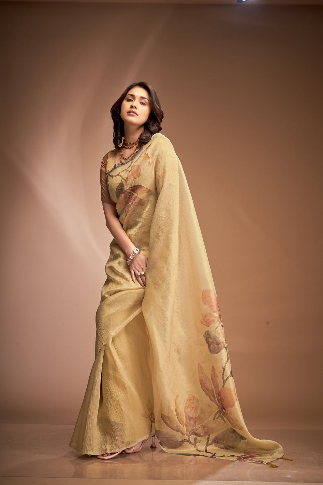 Pearly Yellow Crushed Tissue Saree