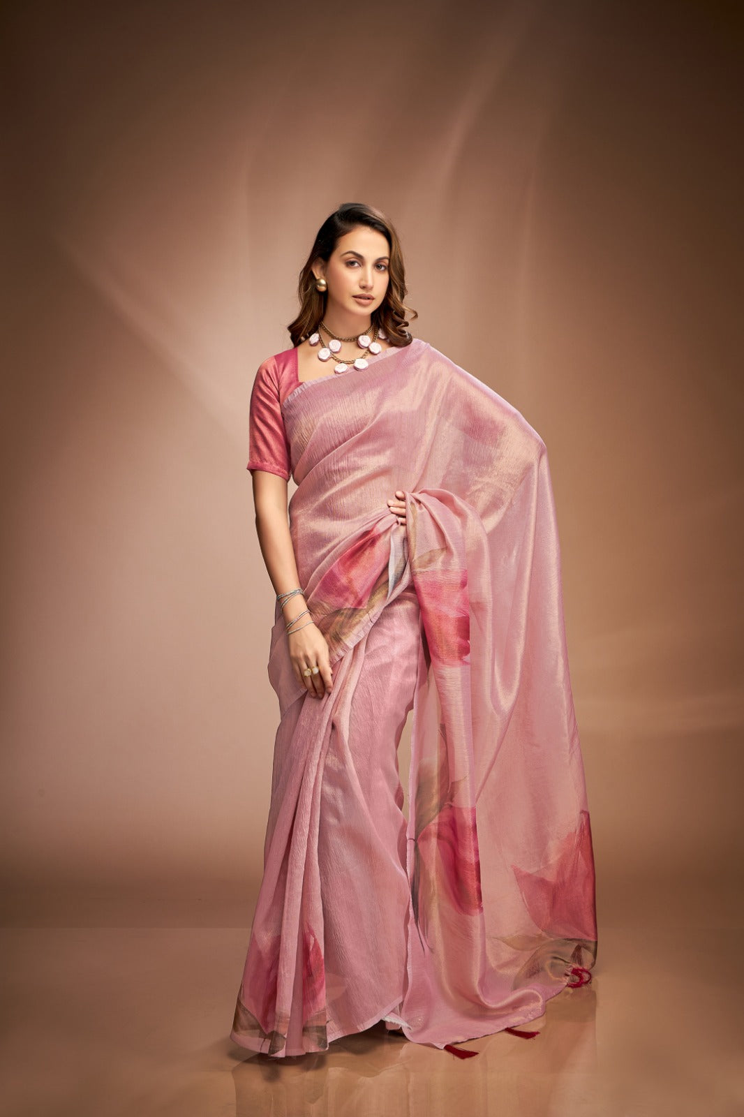 Romantic Pink Crushed Tissue Saree