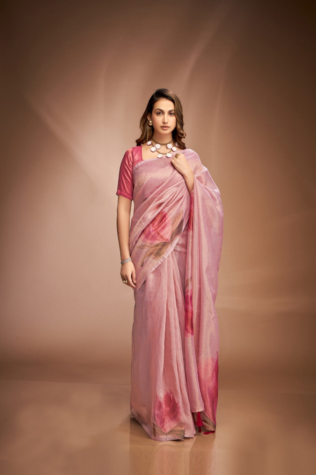 Romantic Pink Crushed Tissue Saree