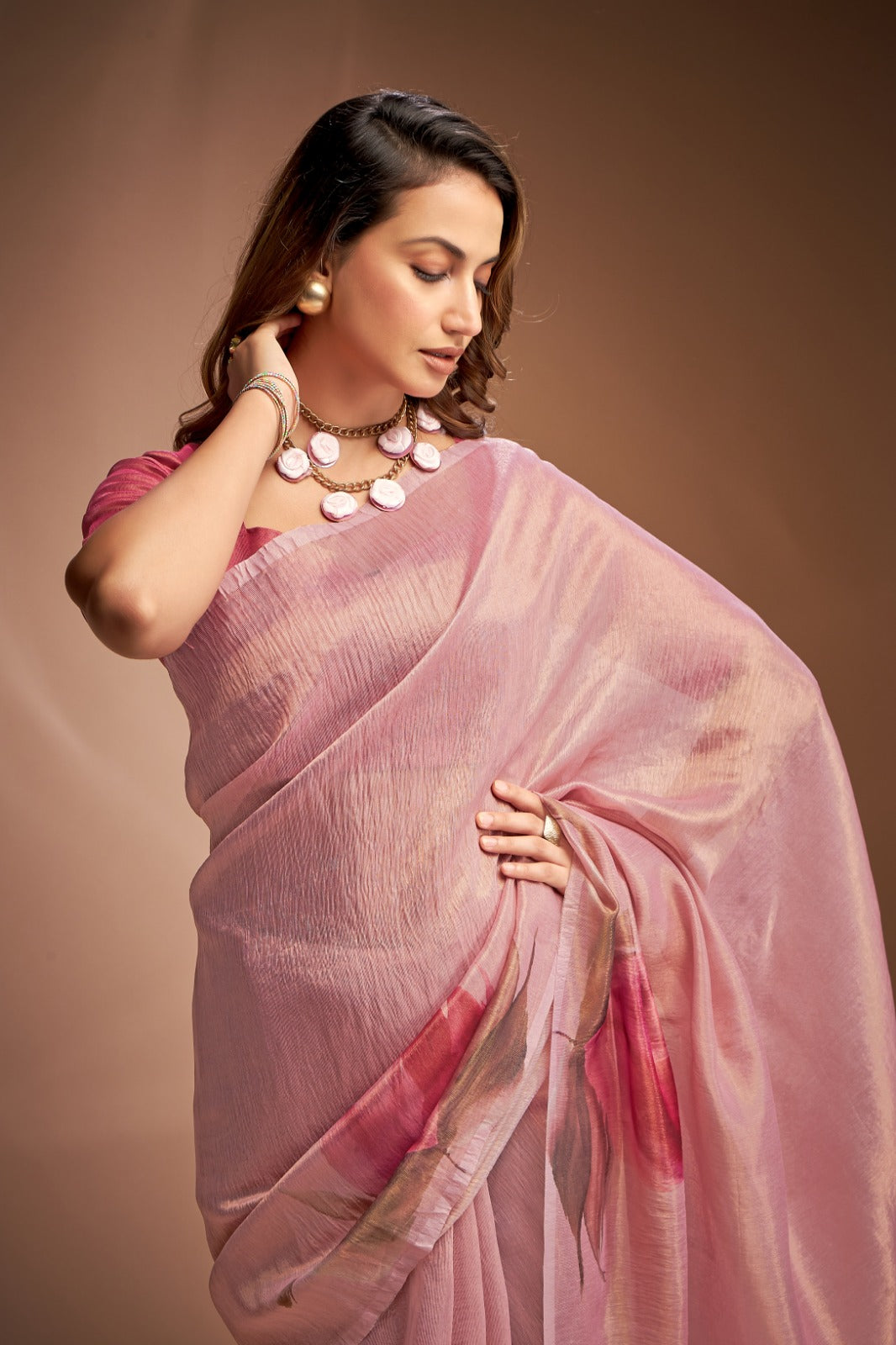 Romantic Pink Crushed Tissue Saree