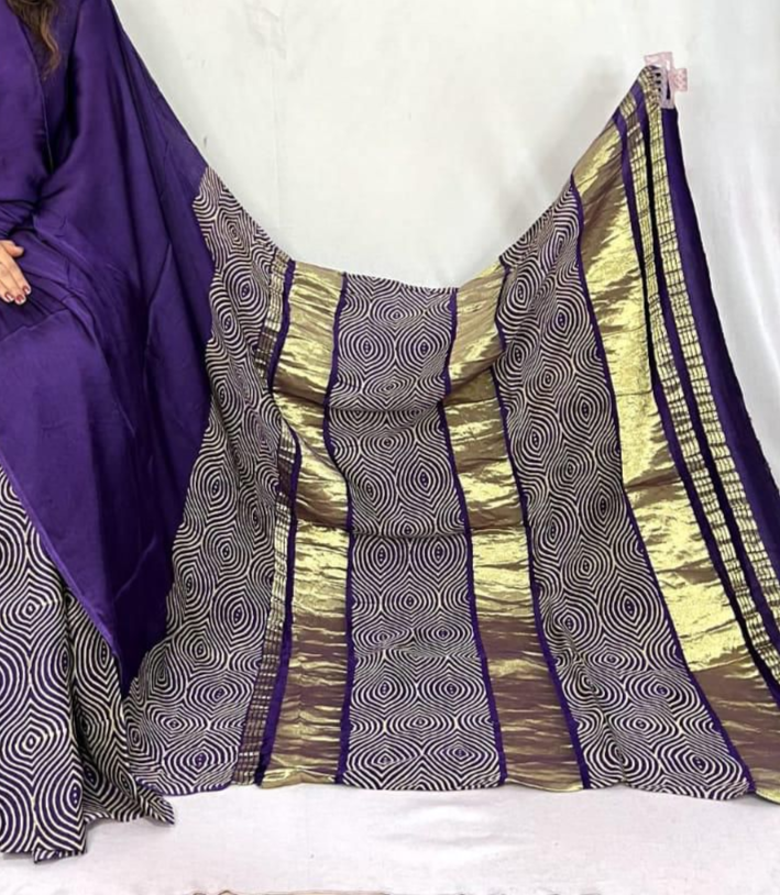 Purple Ajrakh Patli Pallu with Zari Pallu Saree