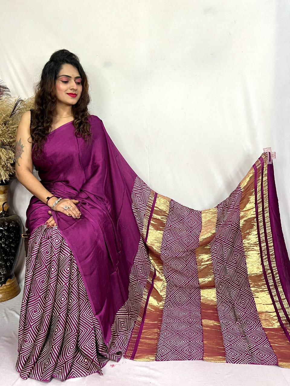 New Ajrakh Patli Pallu with Zari Pallu Saree