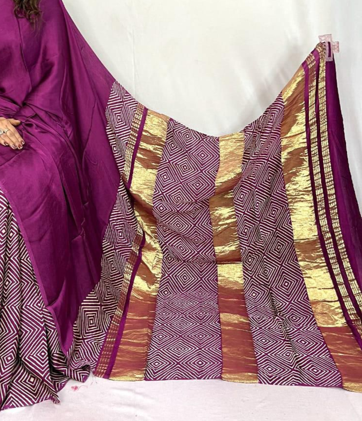 Wine Ajrakh Patli Pallu with Zari Pallu Saree