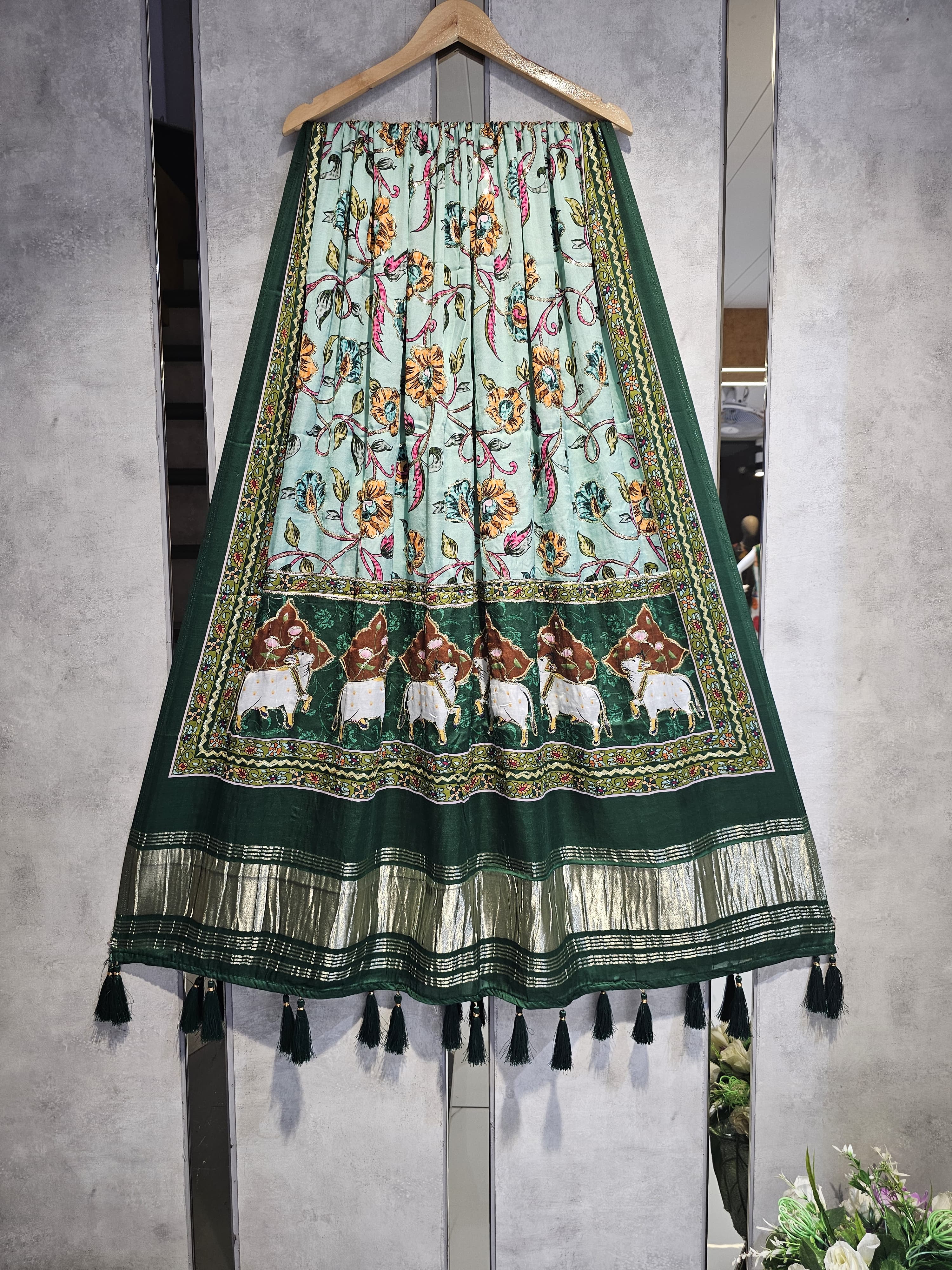 Green Kalamkari Gaji Silk Hand Work Dupatta With Tassels