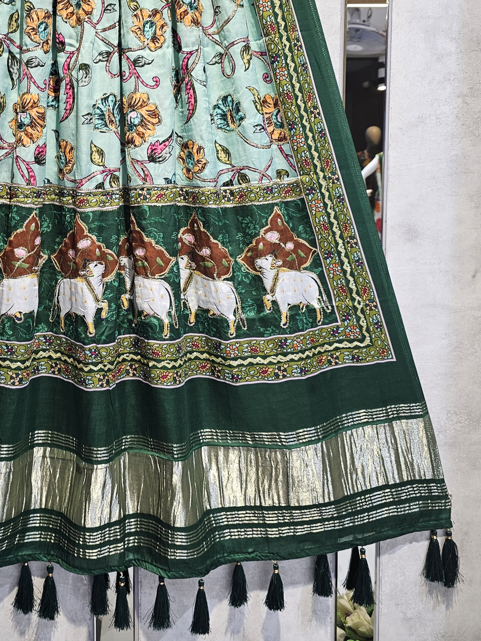 Green Kalamkari Gaji Silk Hand Work Dupatta With Tassels