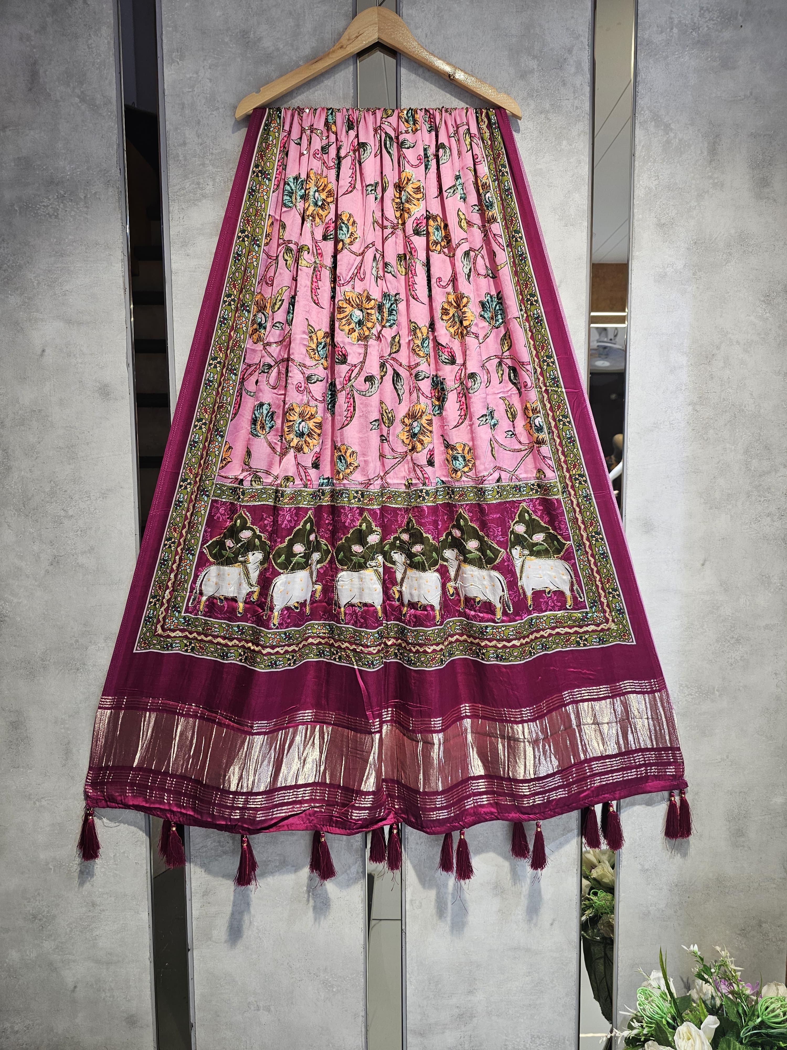 Wine Kalamkari Gaji Silk Hand Work Dupatta With Tassels