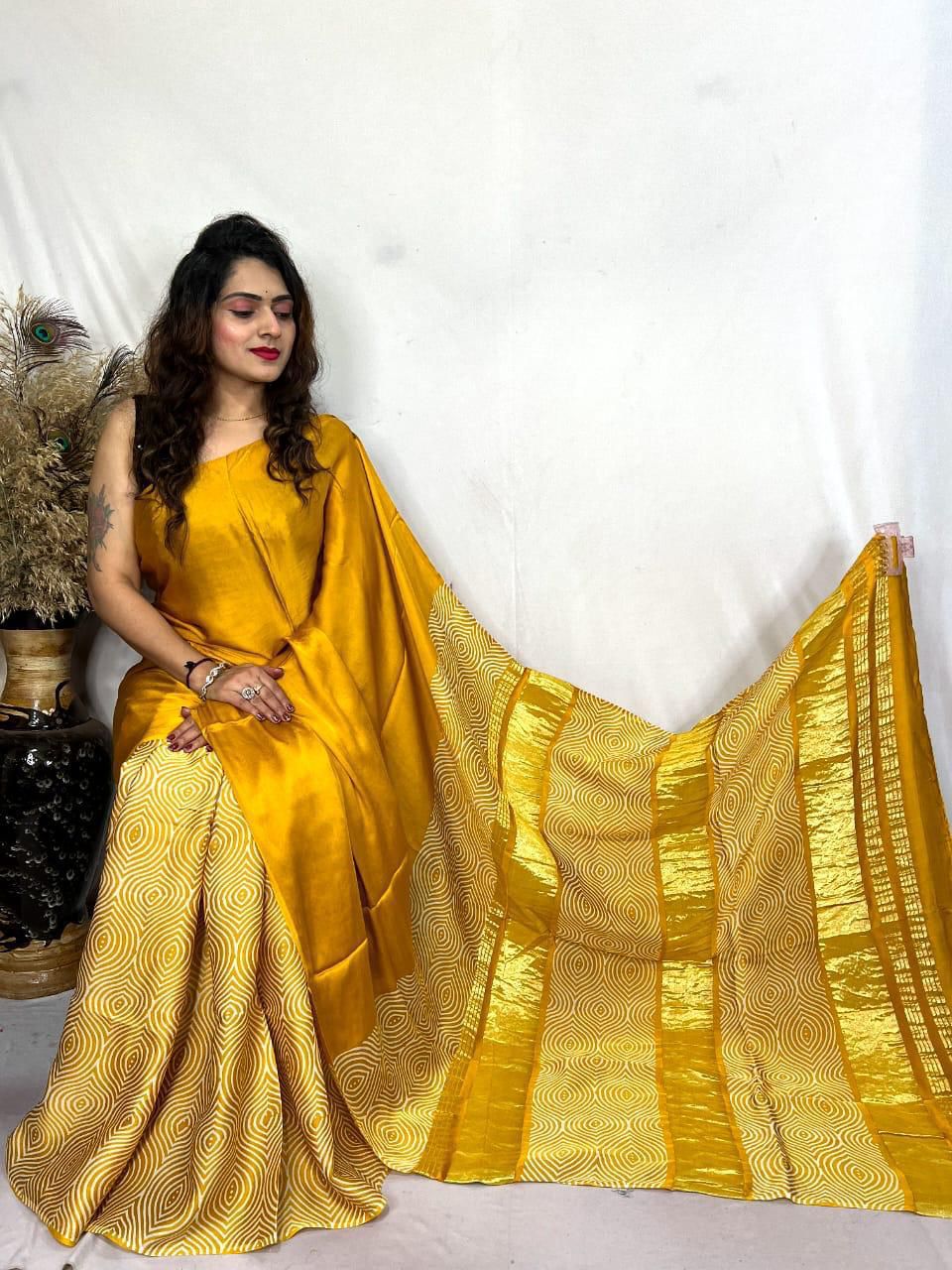 Yellow Ajrakh Patli Pallu with Zari Pallu Saree