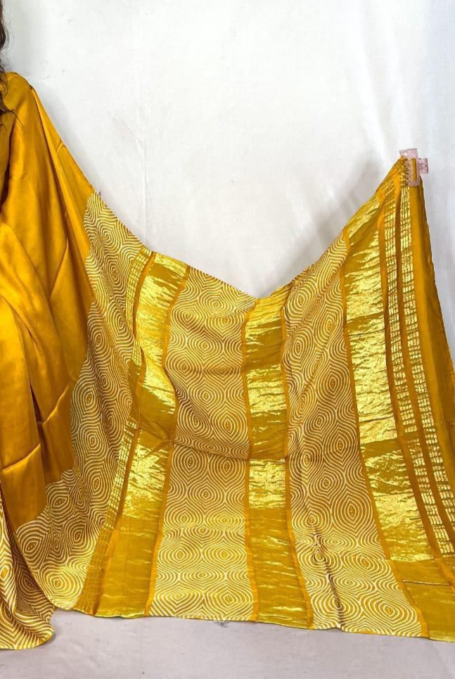 Yellow Ajrakh Patli Pallu with Zari Pallu Saree