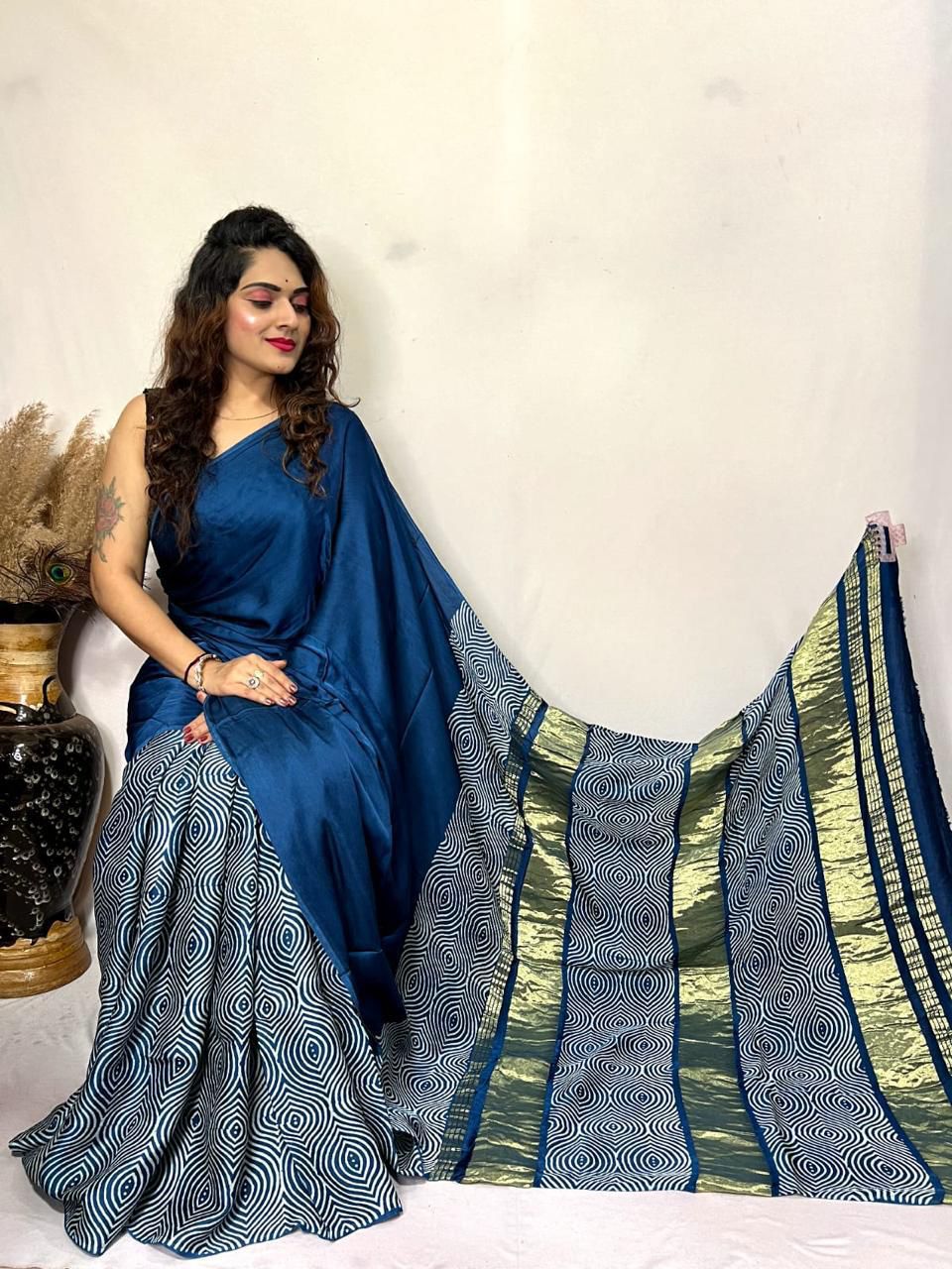 Morpich Ajrakh Patli Pallu with Zari Pallu Saree