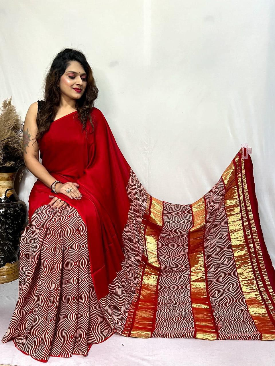 Red Ajrakh Patli Pallu with Zari Pallu Saree