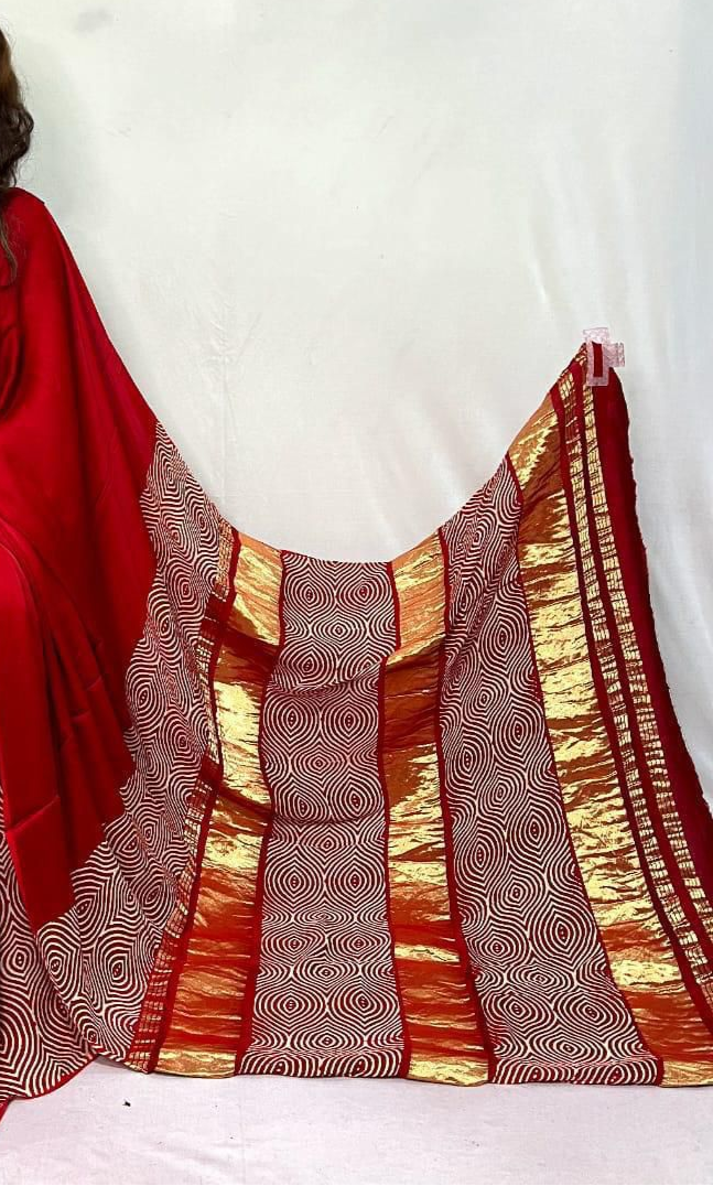 Red Ajrakh Patli Pallu with Zari Pallu Saree