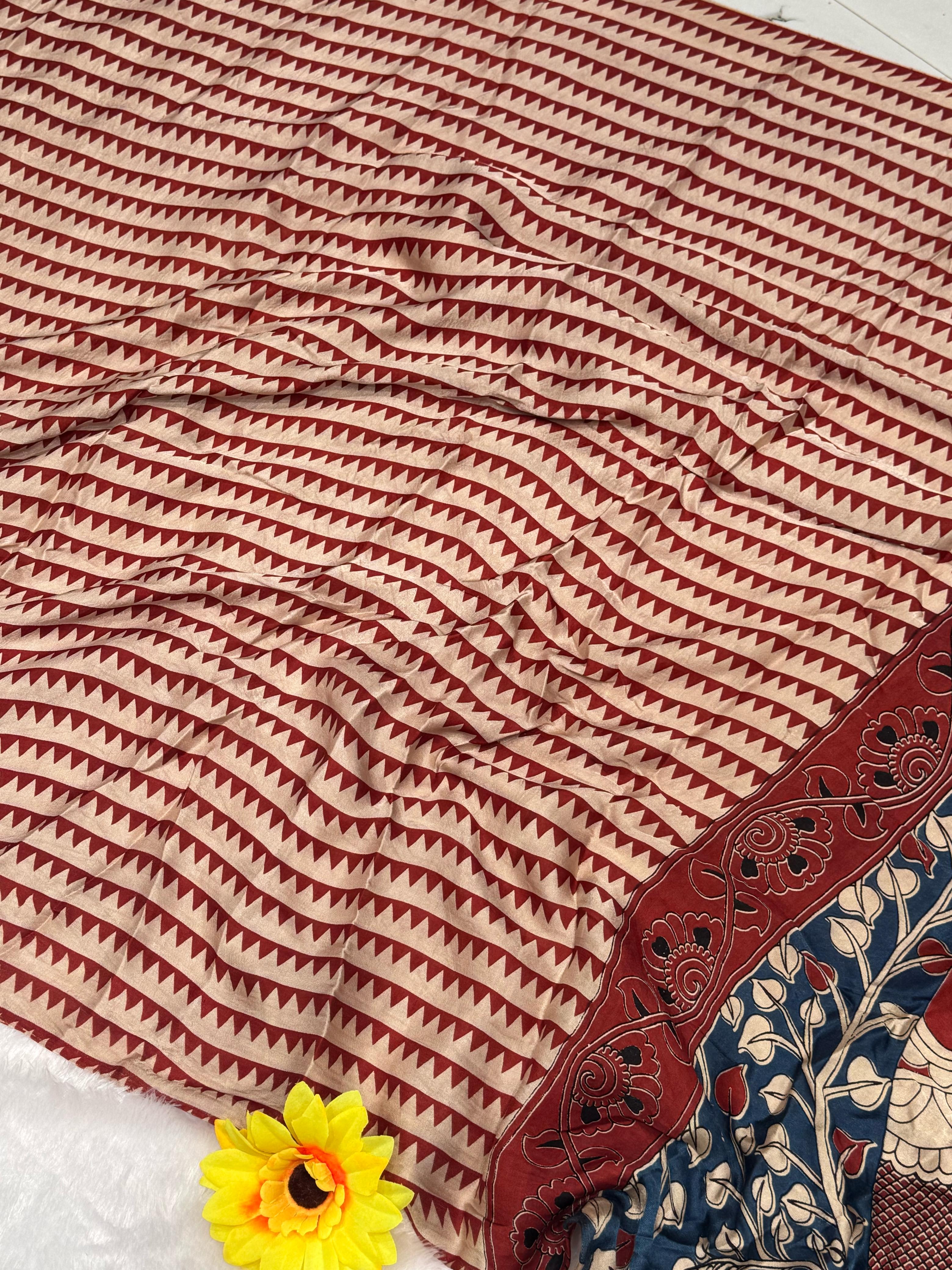 Maroon And Cream Ajrakh With Kalmkari Pallu Saree