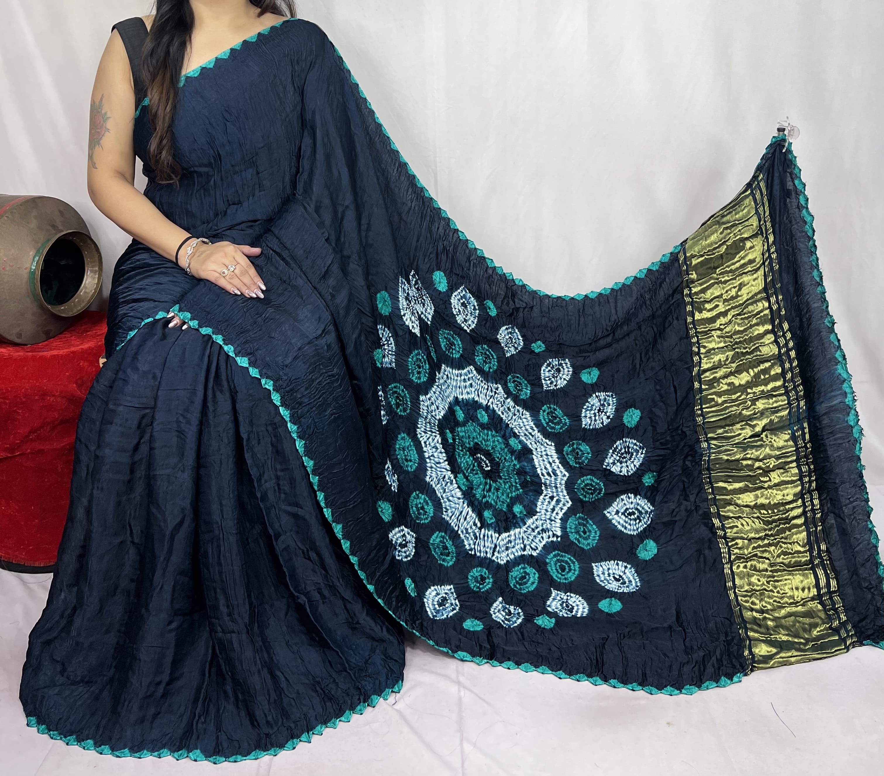 New Fancy Indigo Shibori Bandhni Border Pure Modal Silk Plian Saree