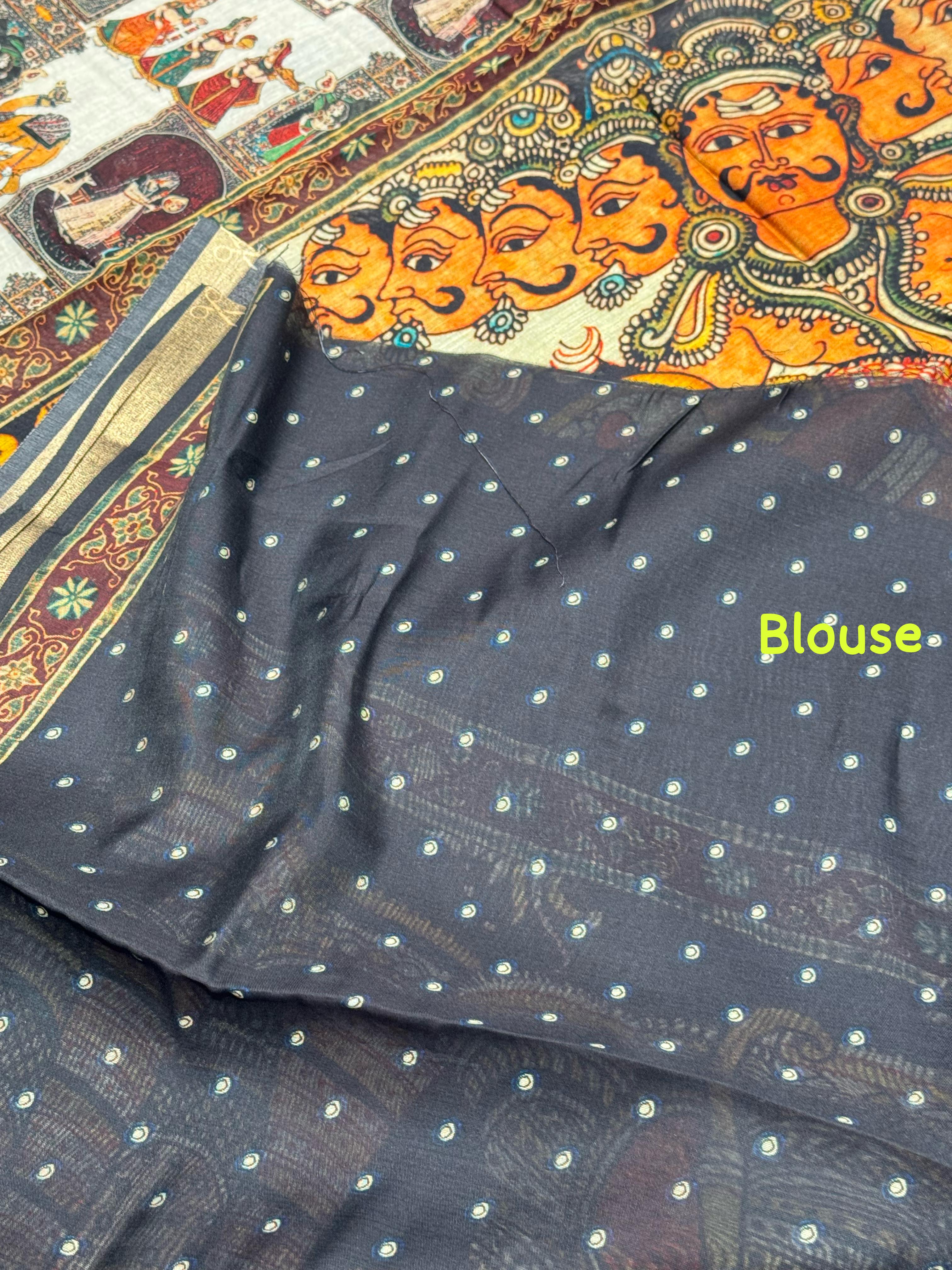 Ajrakh With Kalamkari Design Hand Block Print Maslin Soft Silk Saree M1
