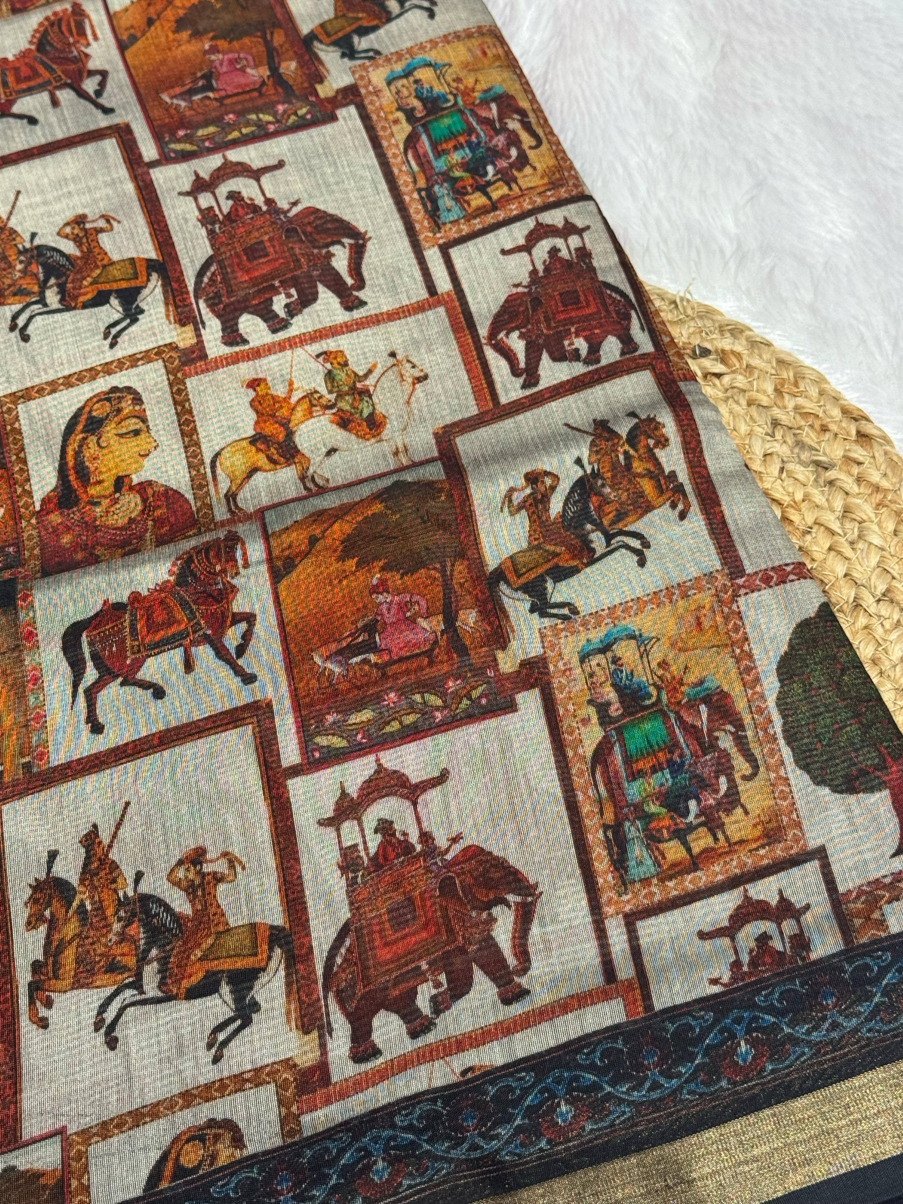 Ajrakh With Kalamkari Design Hand Block Print Maslin Soft Silk Saree M2
