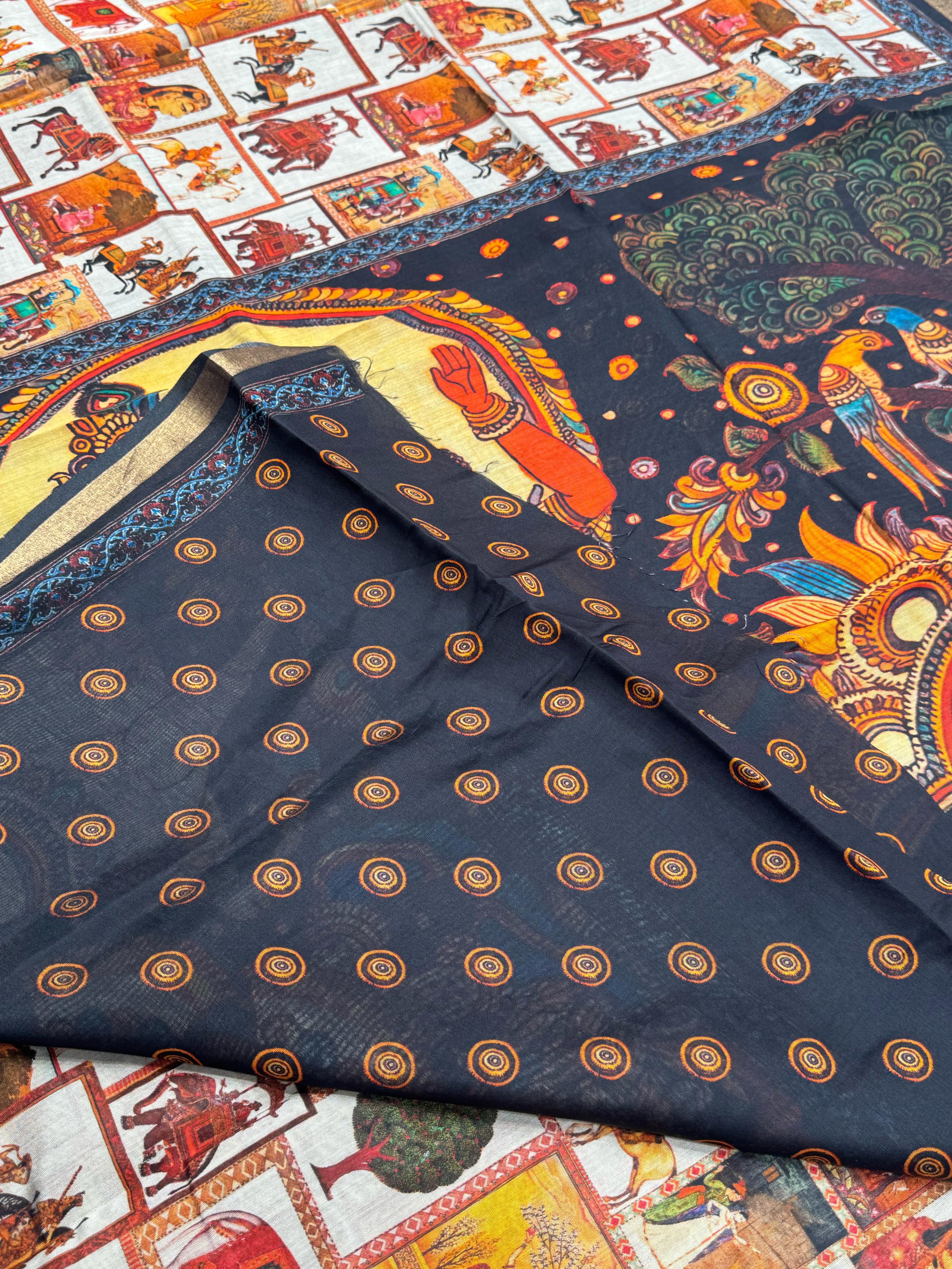 Ajrakh With Kalamkari Design Hand Block Print Maslin Soft Silk Saree M2