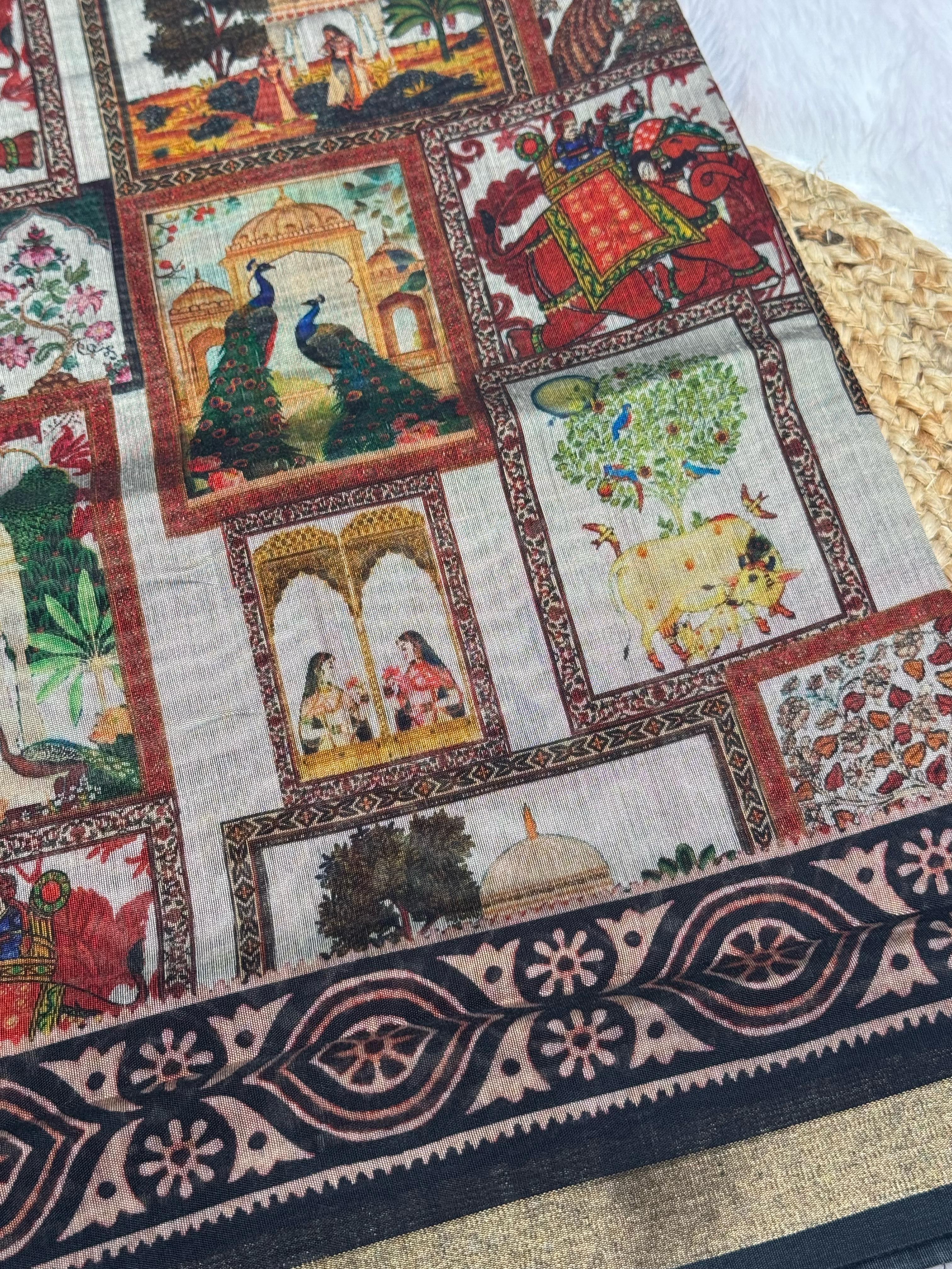 Ajrakh With Kalamkari Design Hand Block Print Maslin Soft Silk Saree M3