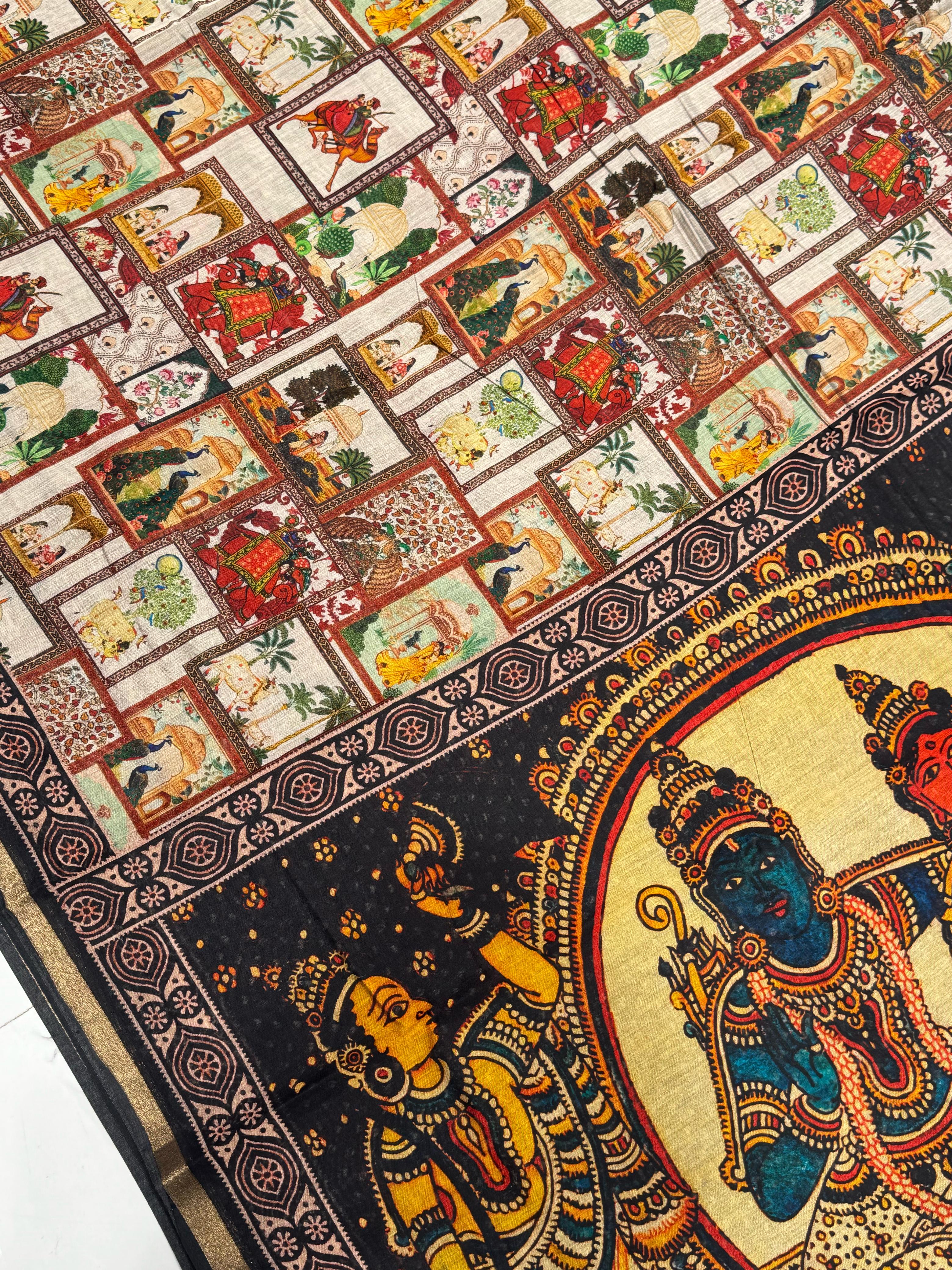 Ajrakh With Kalamkari Design Hand Block Print Maslin Soft Silk Saree M3