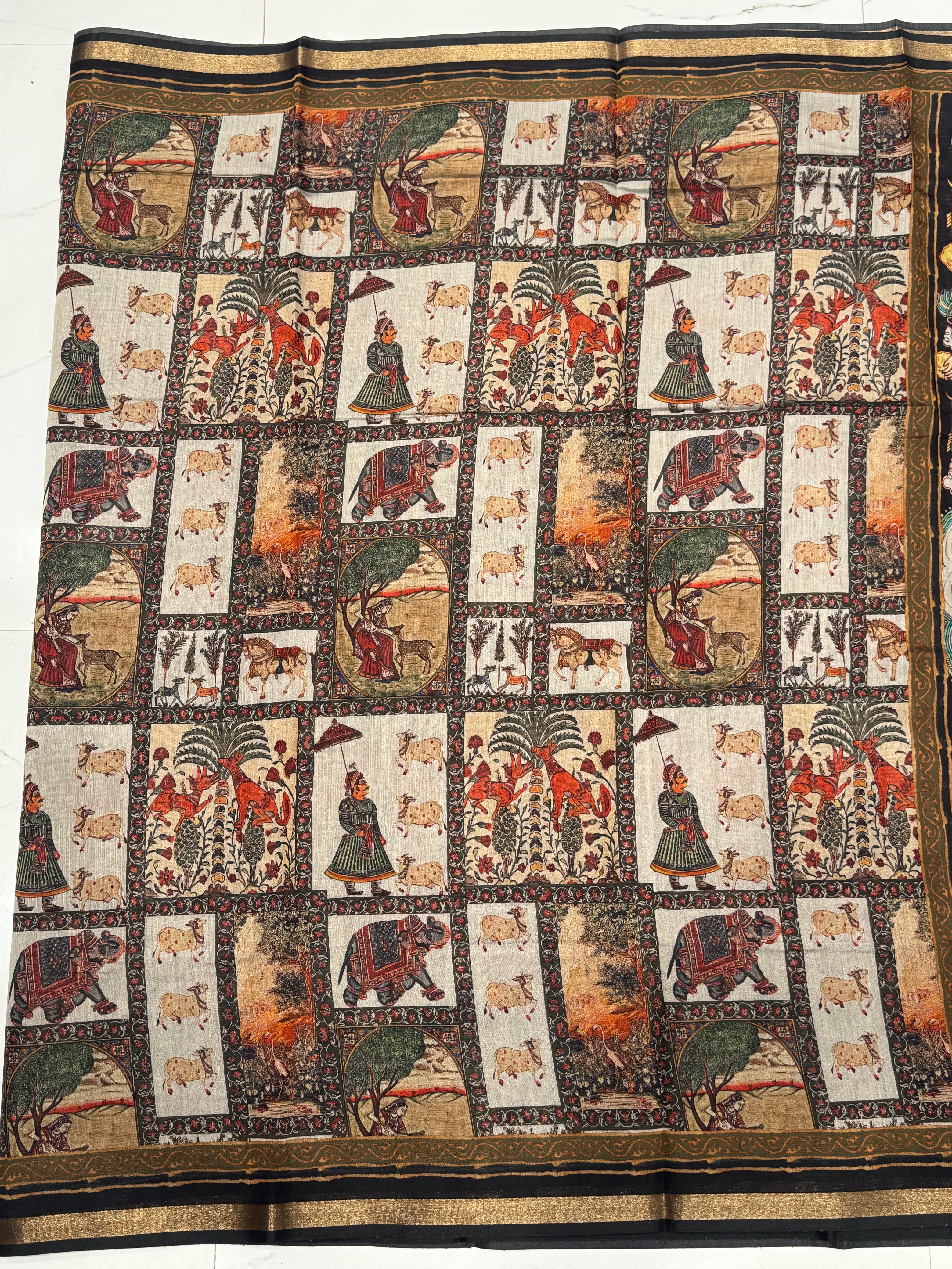 Ajrakh With Kalamkari Design Hand Block Print Maslin Soft Silk Saree M4