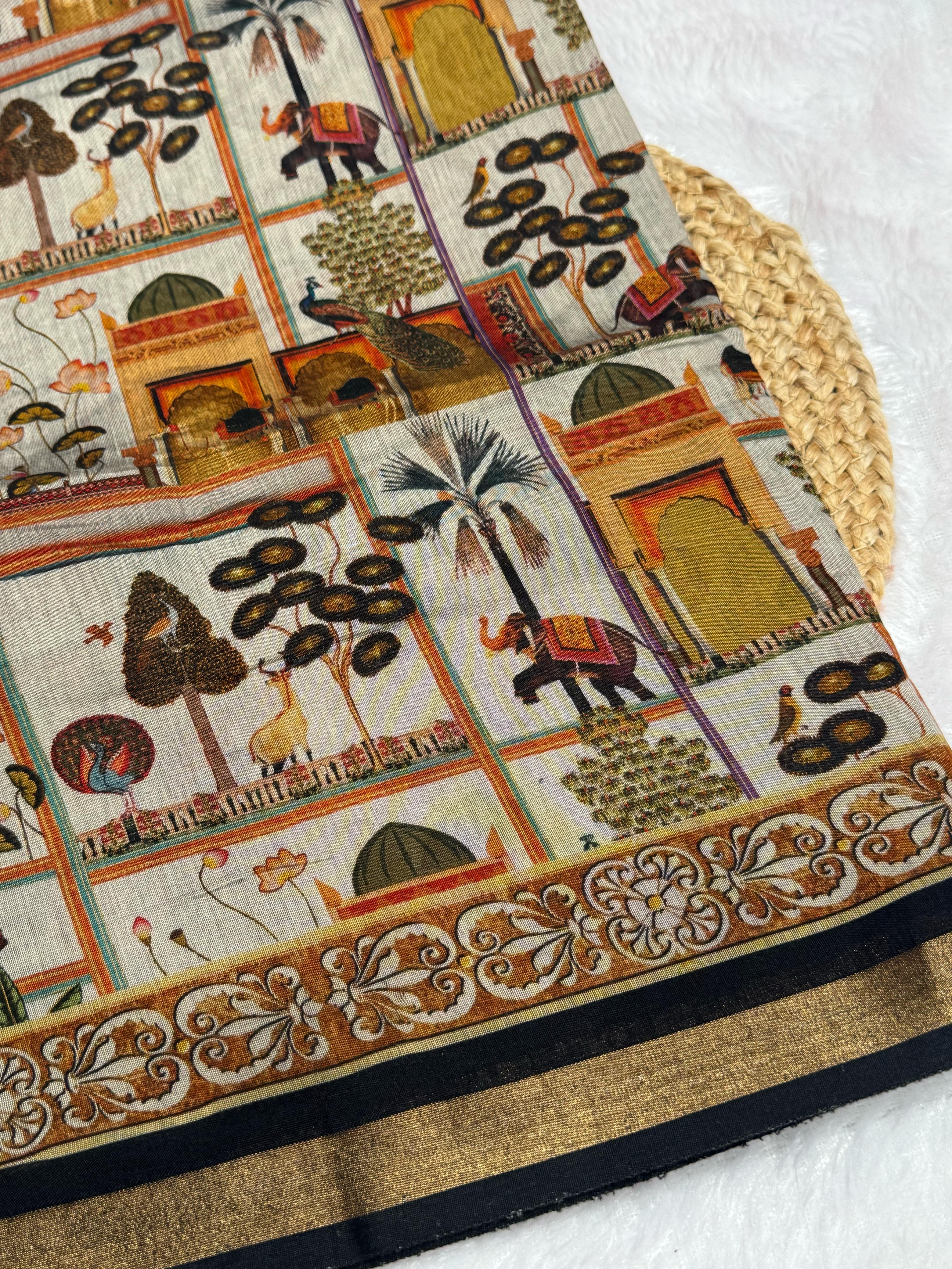 Ajrakh With Kalamkari Design Hand Block Print Maslin Soft Silk Saree M5