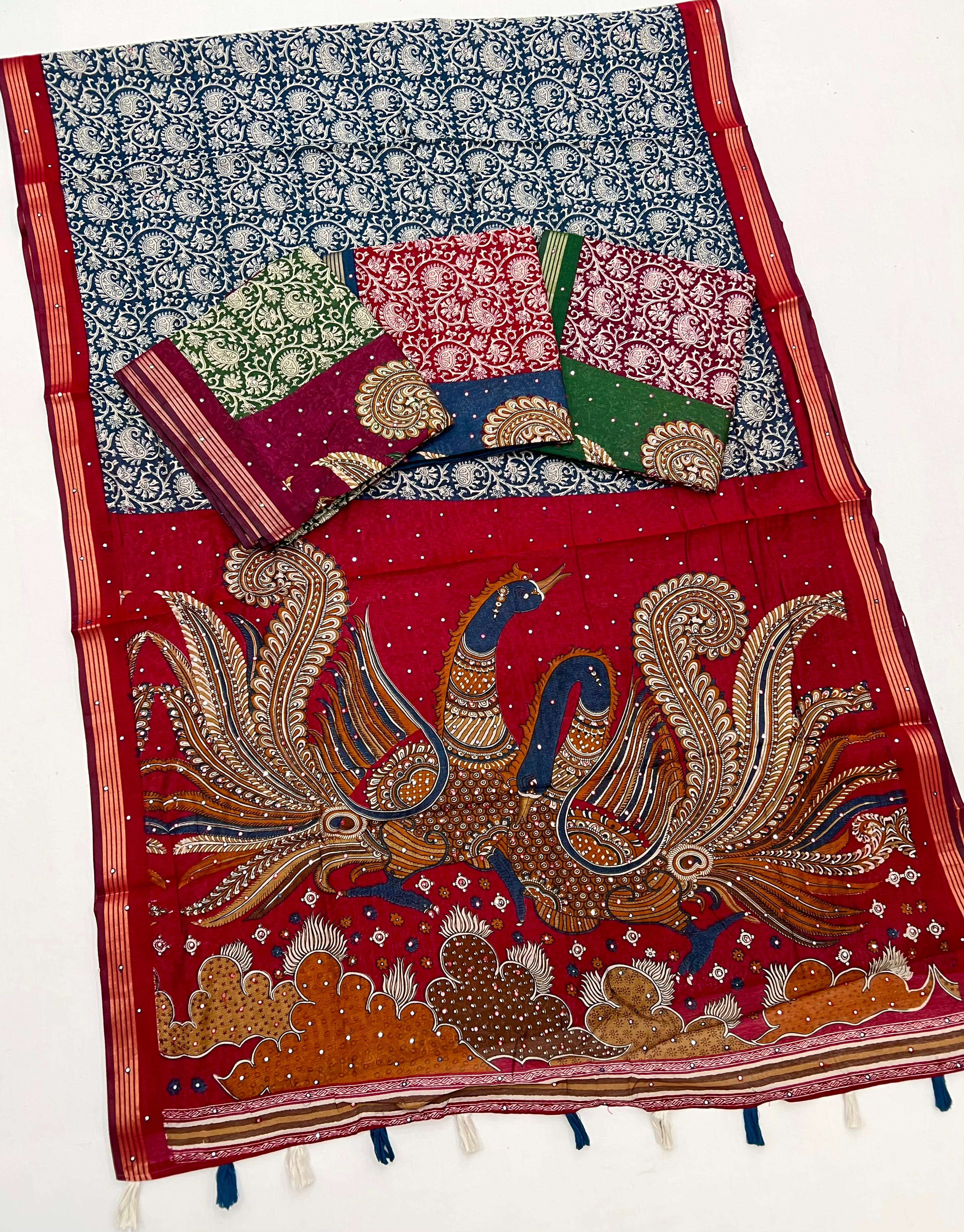 Stylish Indigo Ajrakh Kalamkari Pure Maslin Silk Saree with Mirror Work