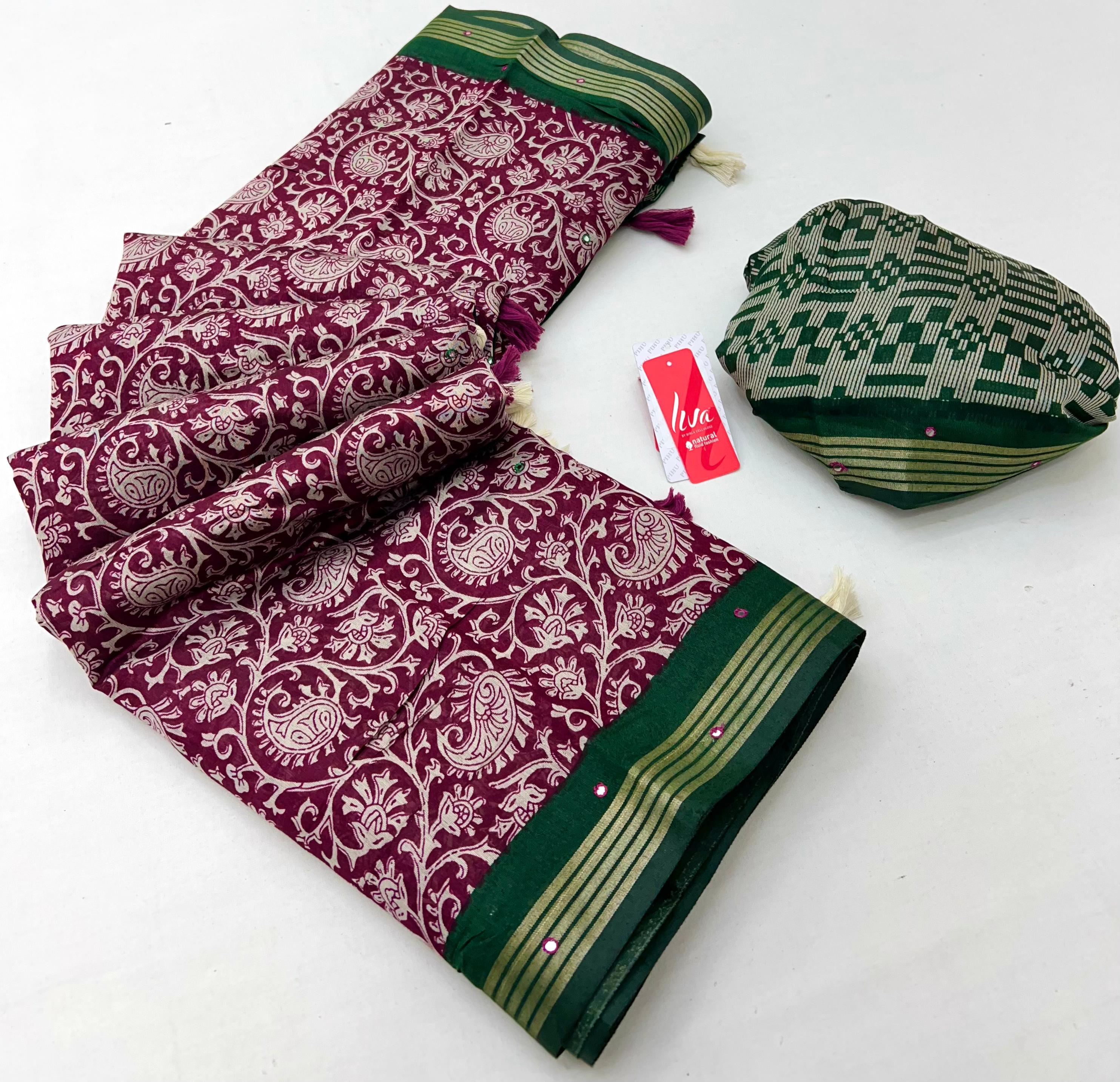 Authentic WIne Ajrakh Kalamkari Pure Maslin Silk Saree with Mirror Work