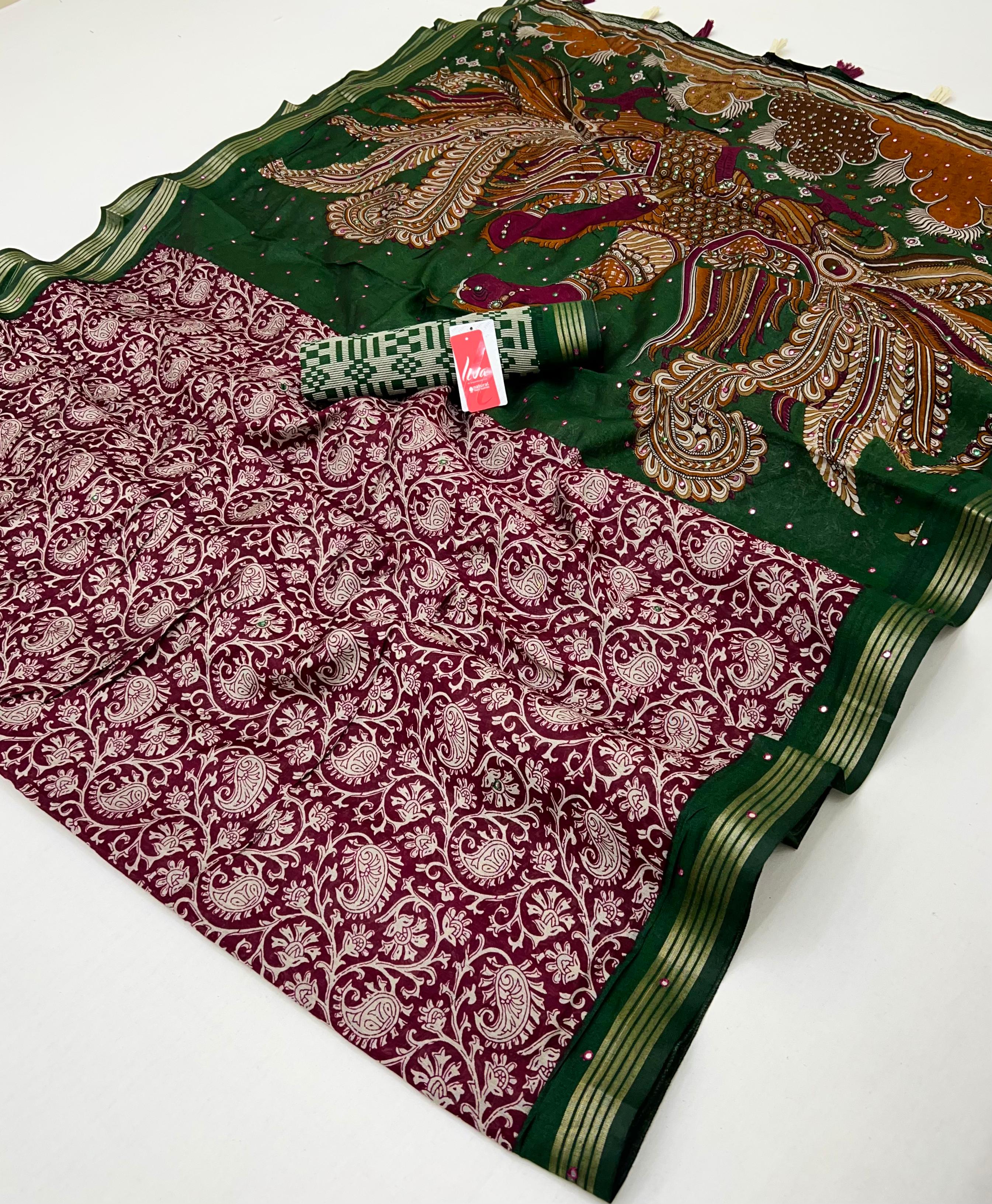 Authentic WIne Ajrakh Kalamkari Pure Maslin Silk Saree with Mirror Work