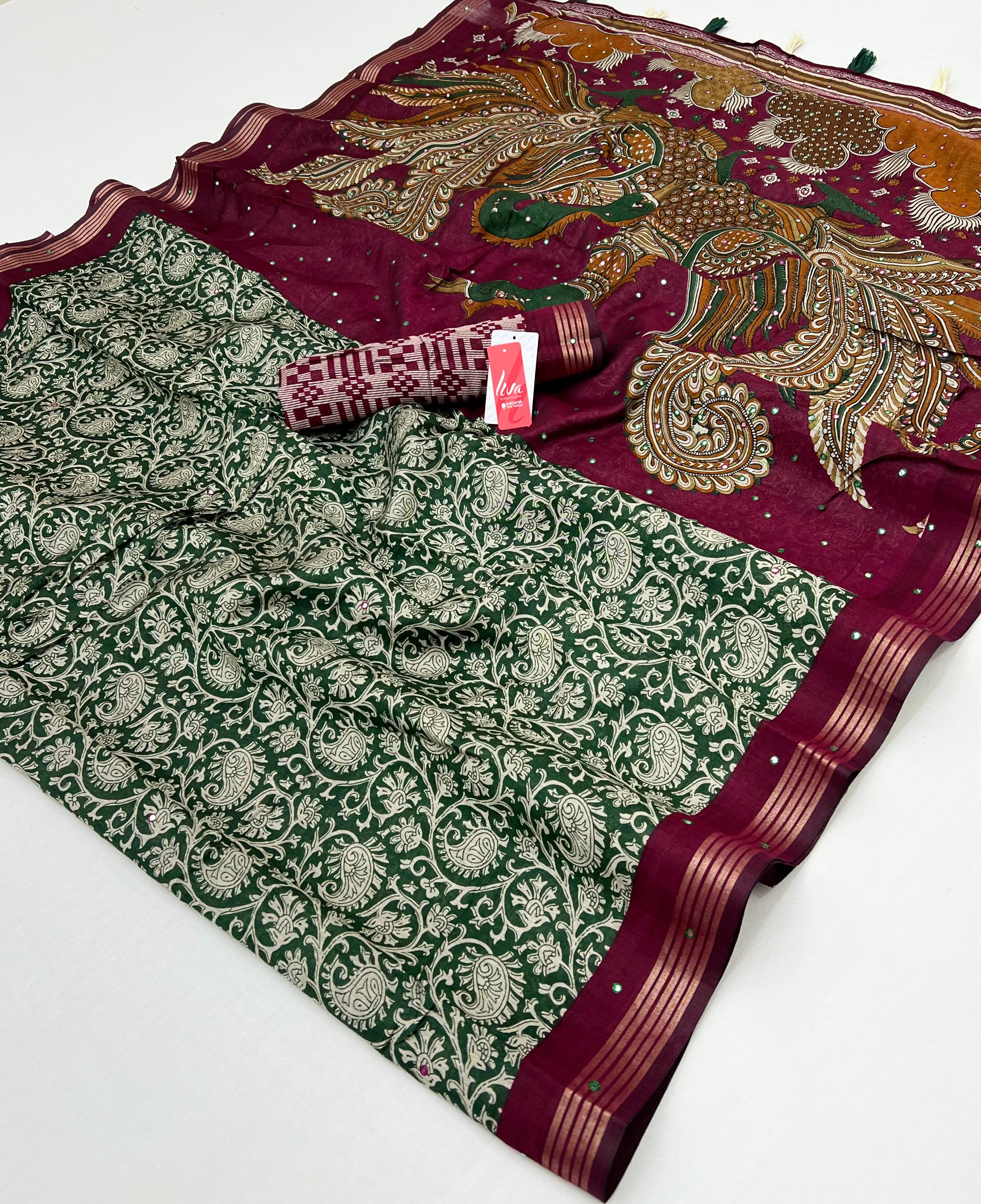 Innovative Green Ajrakh Kalamkari Pure Maslin Silk Saree with Mirror Work