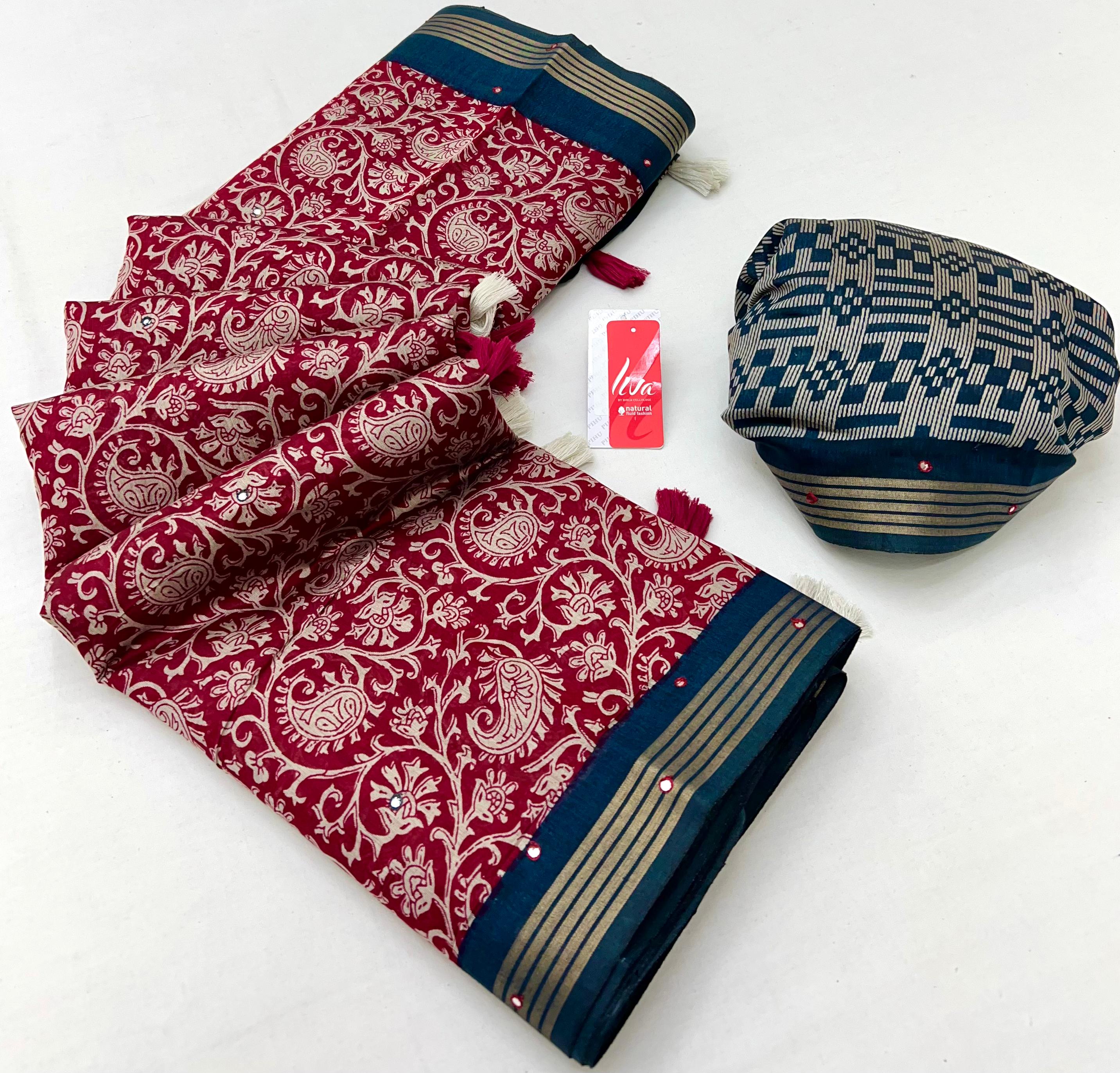 Handmade Redish Ajrakh Kalamkari Pure Maslin Silk Saree with Mirror Work