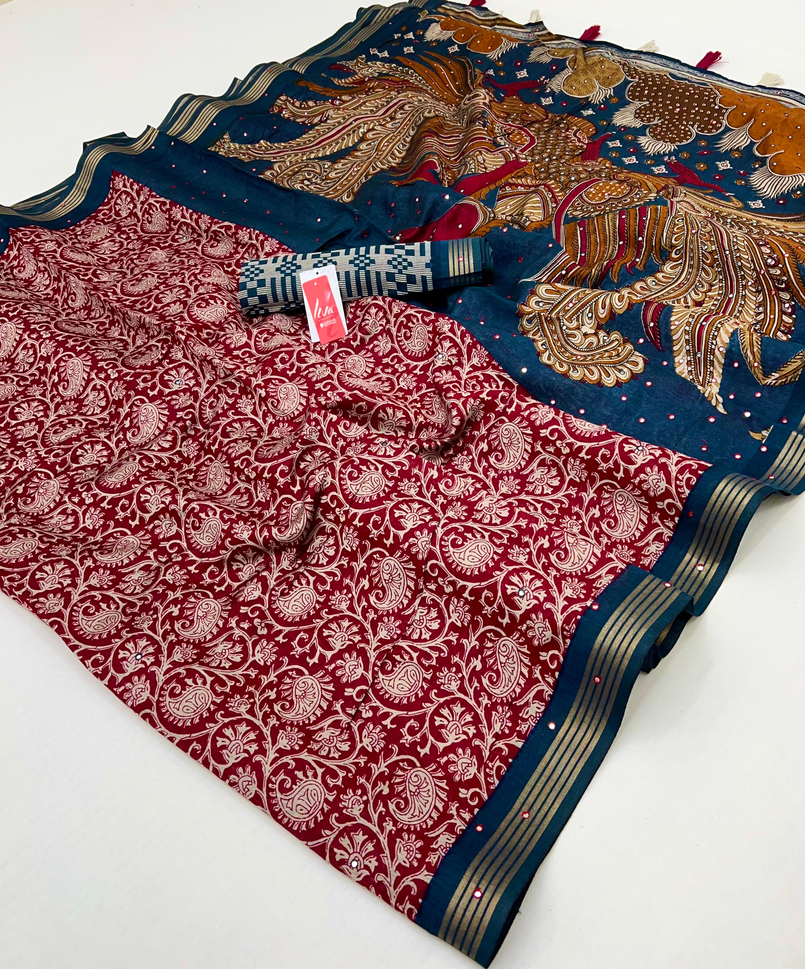 Handmade Redish Ajrakh Kalamkari Pure Maslin Silk Saree with Mirror Work