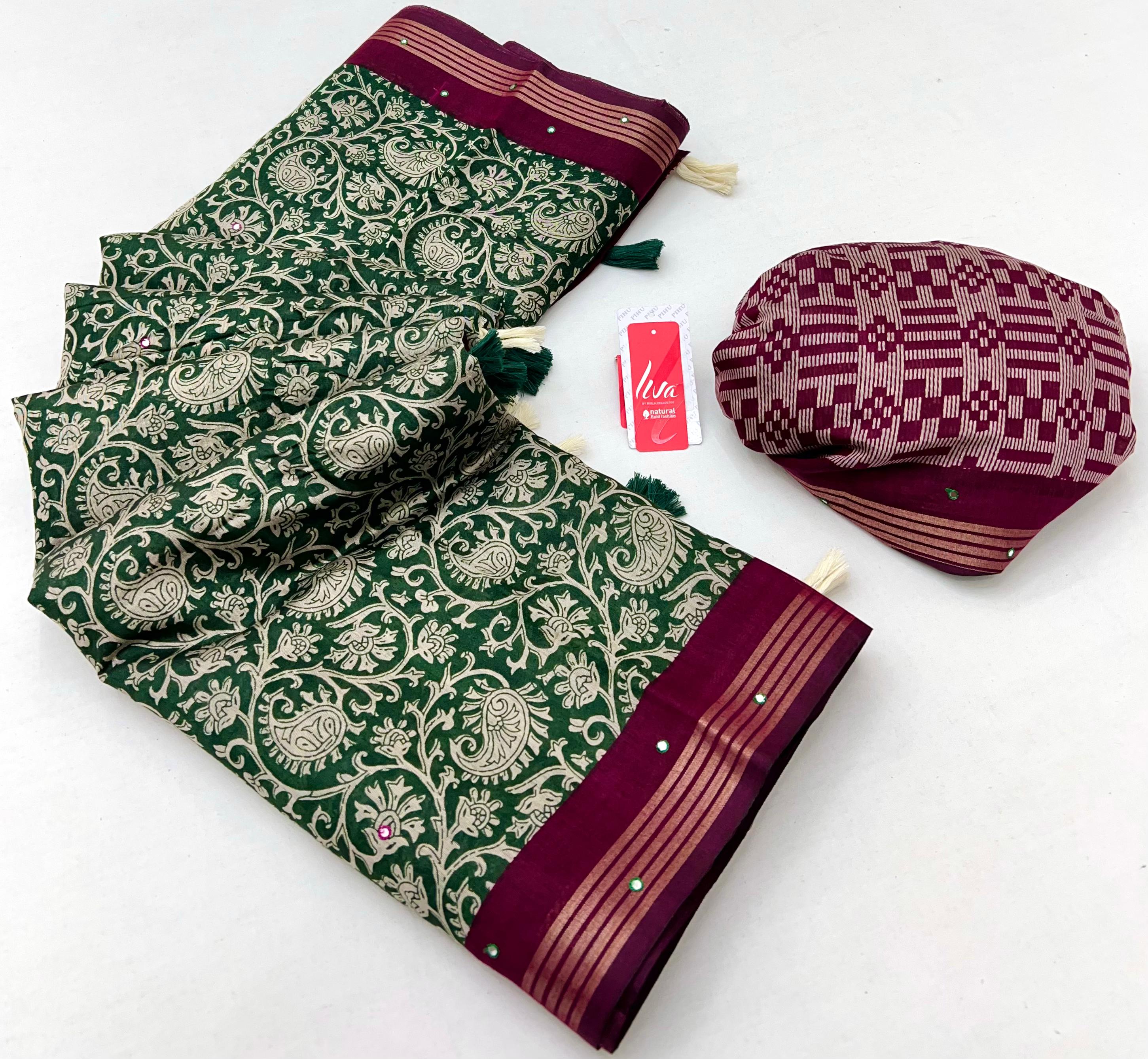 Innovative Green Ajrakh Kalamkari Pure Maslin Silk Saree with Mirror Work