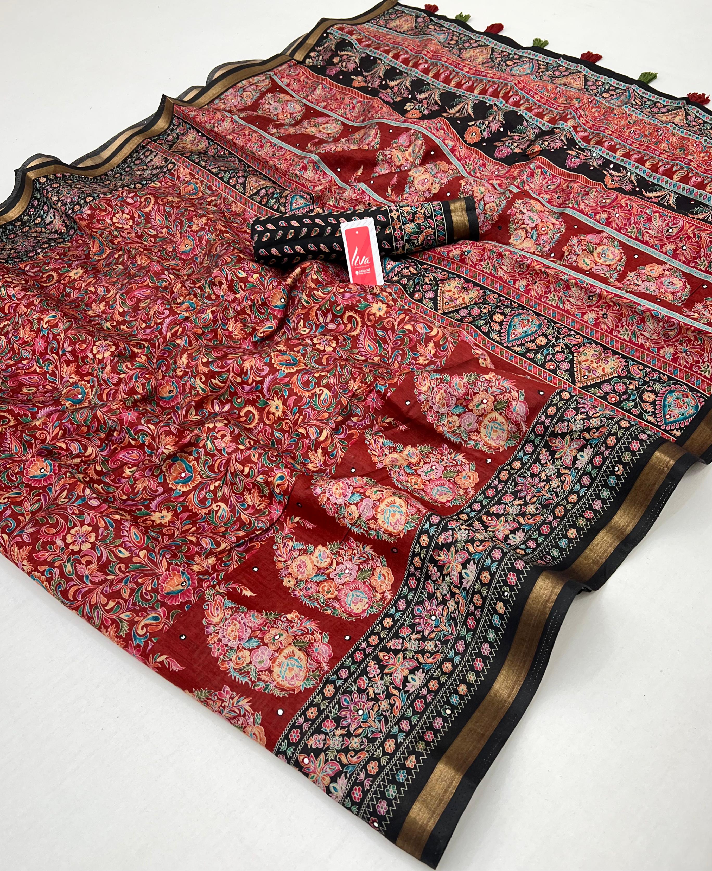 Radiant Maroon Ajrakh Kalamkari Pure Maslin Silk Saree with Mirror Work