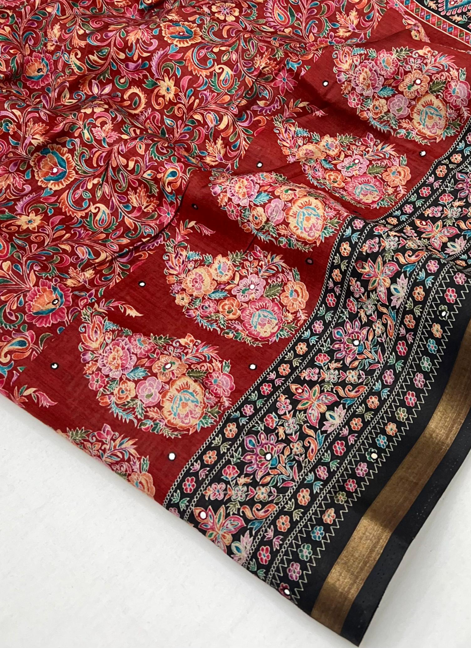 Radiant Maroon Ajrakh Kalamkari Pure Maslin Silk Saree with Mirror Work