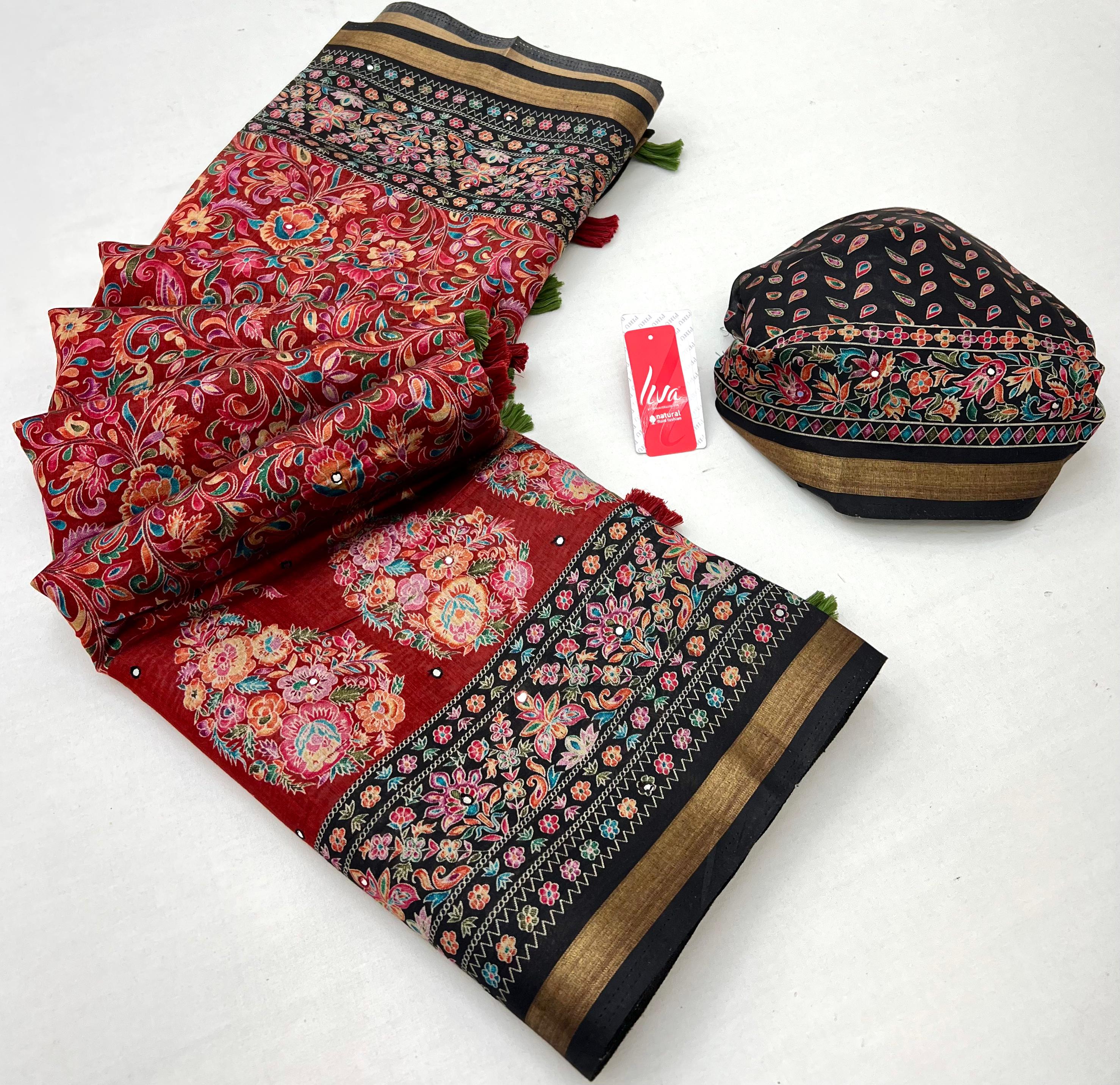 Radiant Maroon Ajrakh Kalamkari Pure Maslin Silk Saree with Mirror Work