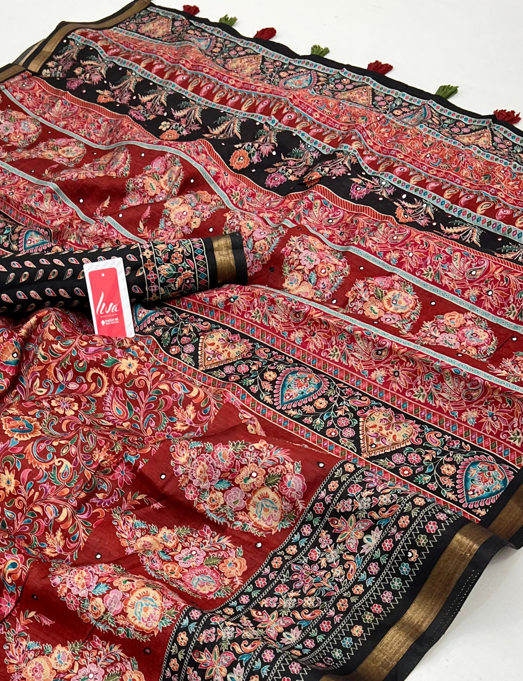 Radiant Maroon Ajrakh Kalamkari Pure Maslin Silk Saree with Mirror Work