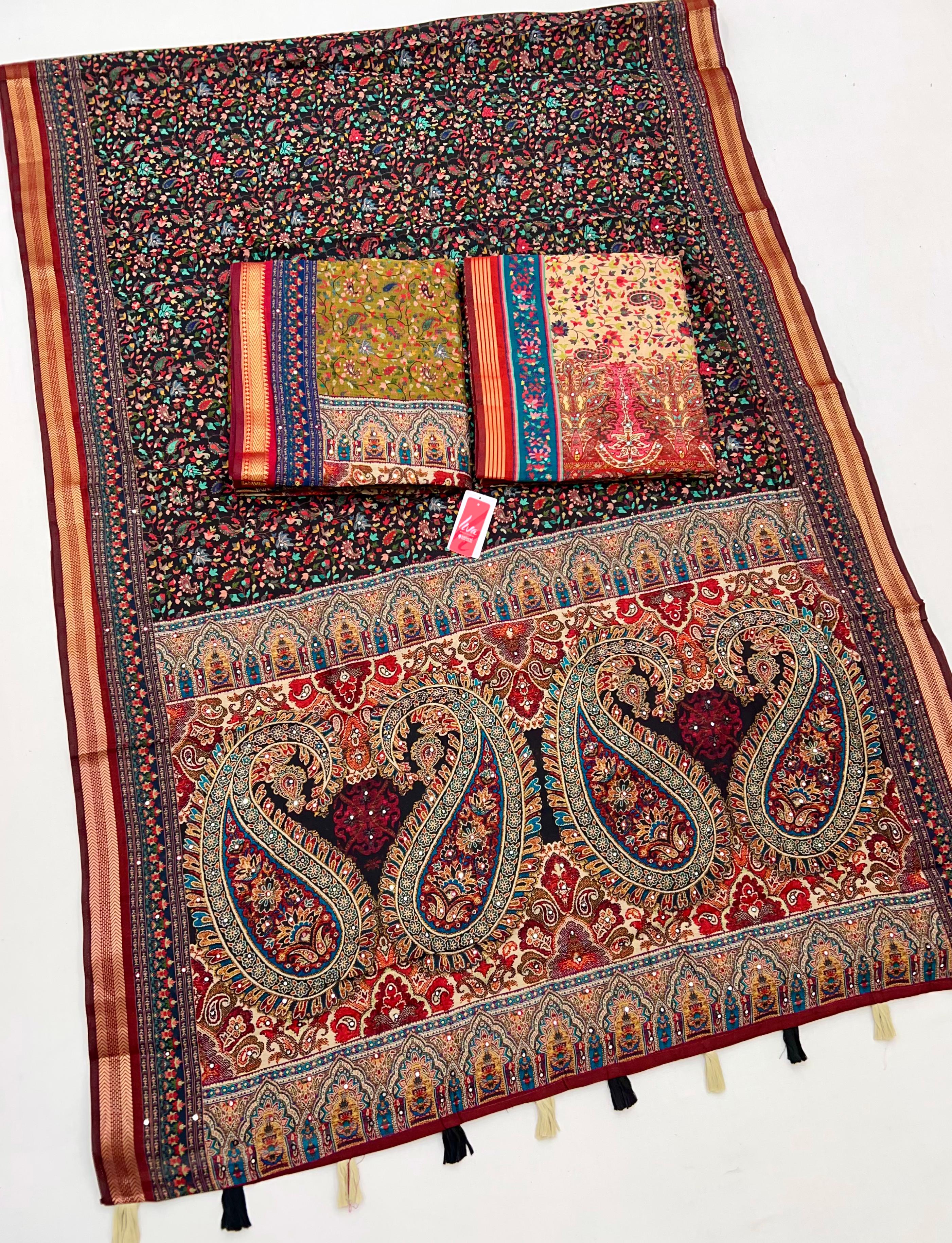 Stylish Black Ajrakh Kalamkari Pure Maslin Silk Saree with Mirror Work