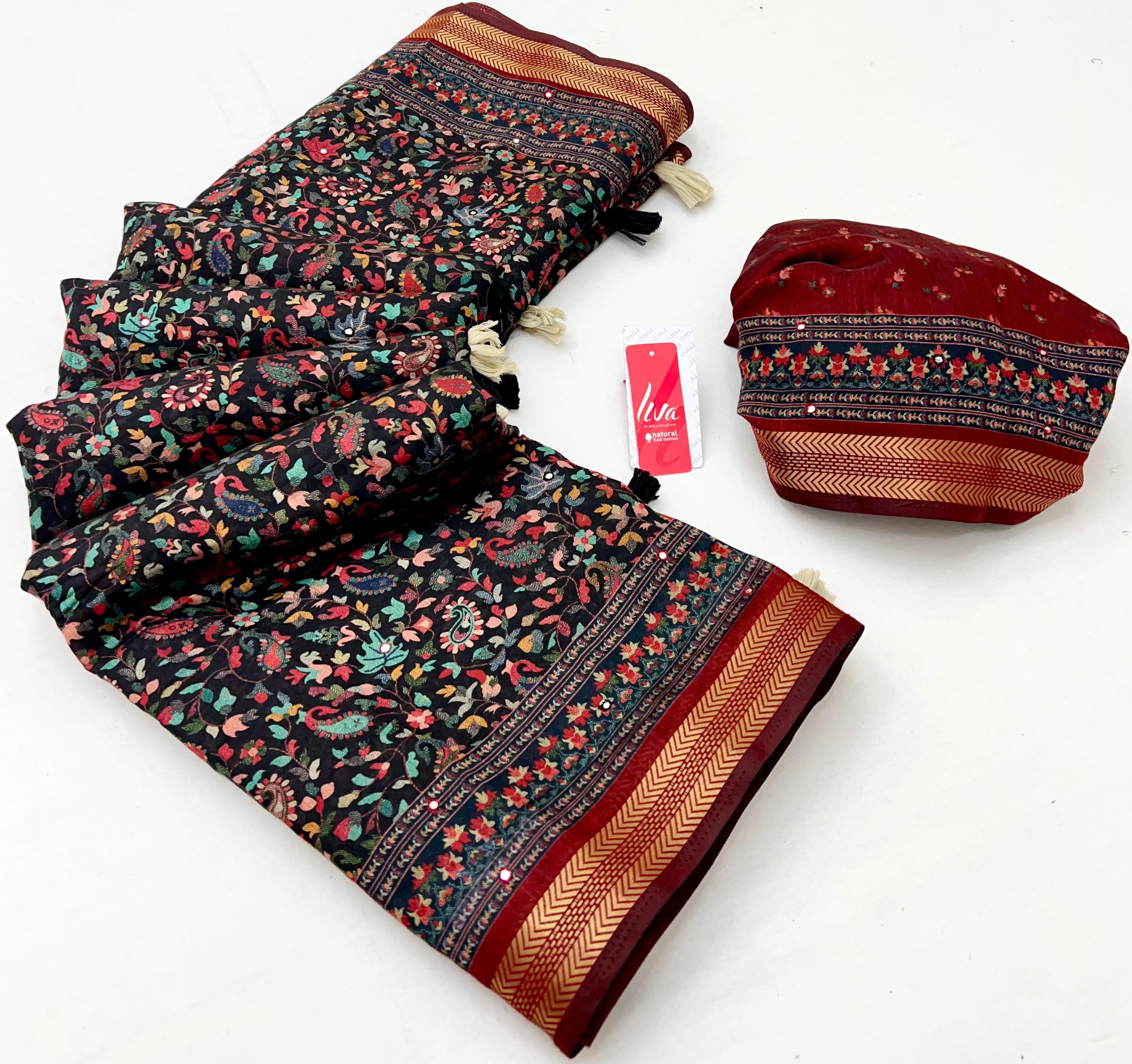 Stylish Black Ajrakh Kalamkari Pure Maslin Silk Saree with Mirror Work