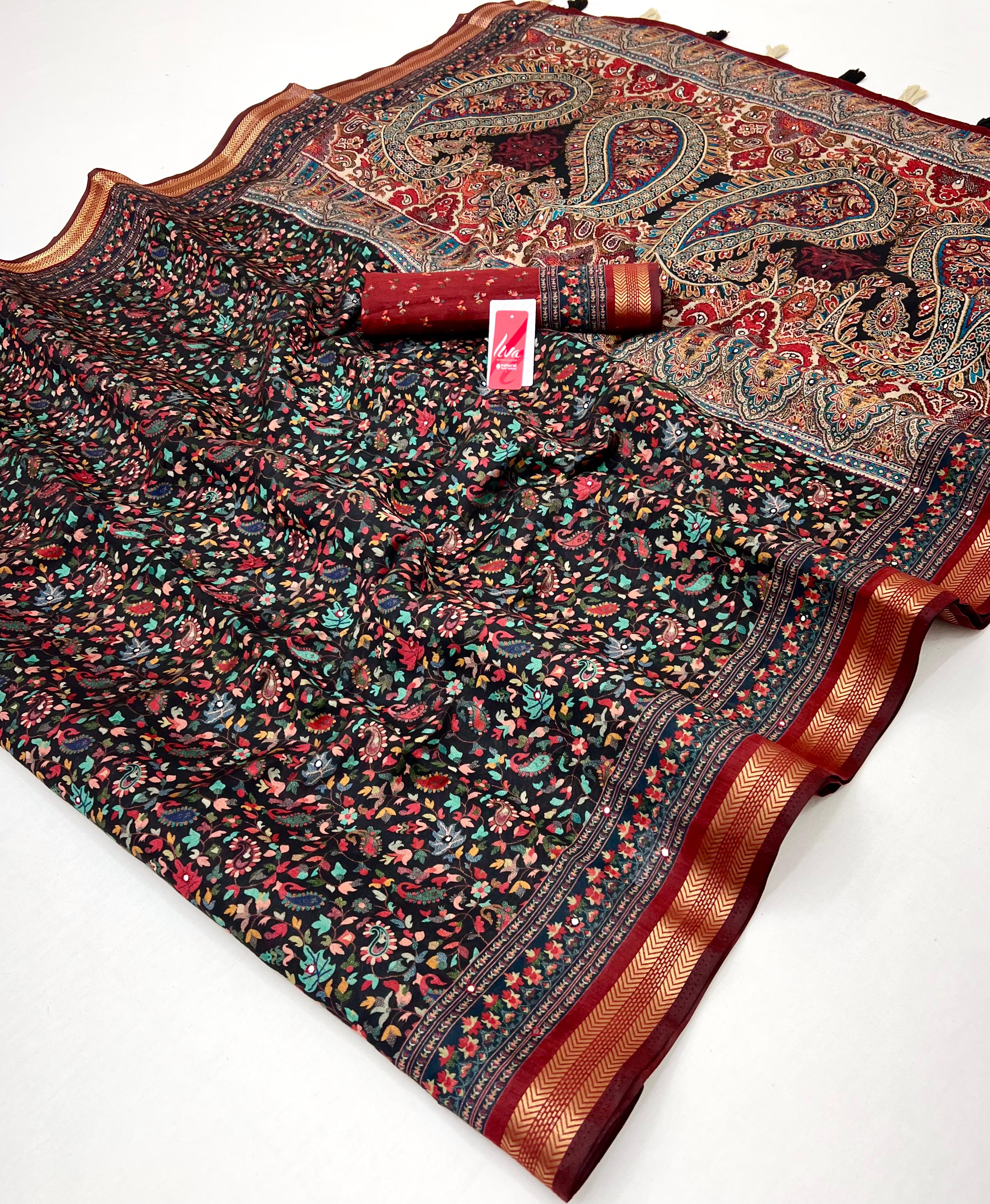 Stylish Black Ajrakh Kalamkari Pure Maslin Silk Saree with Mirror Work