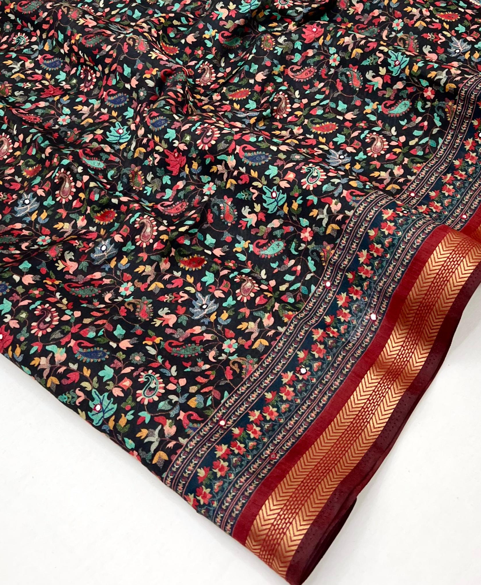 Stylish Black Ajrakh Kalamkari Pure Maslin Silk Saree with Mirror Work